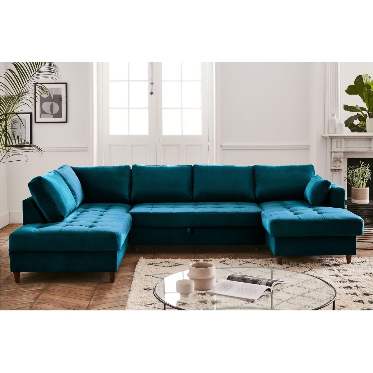 LISA DESIGN Anna - canapé panoramique d'angle gauche - 7 places - convertible avec coffre - en velours