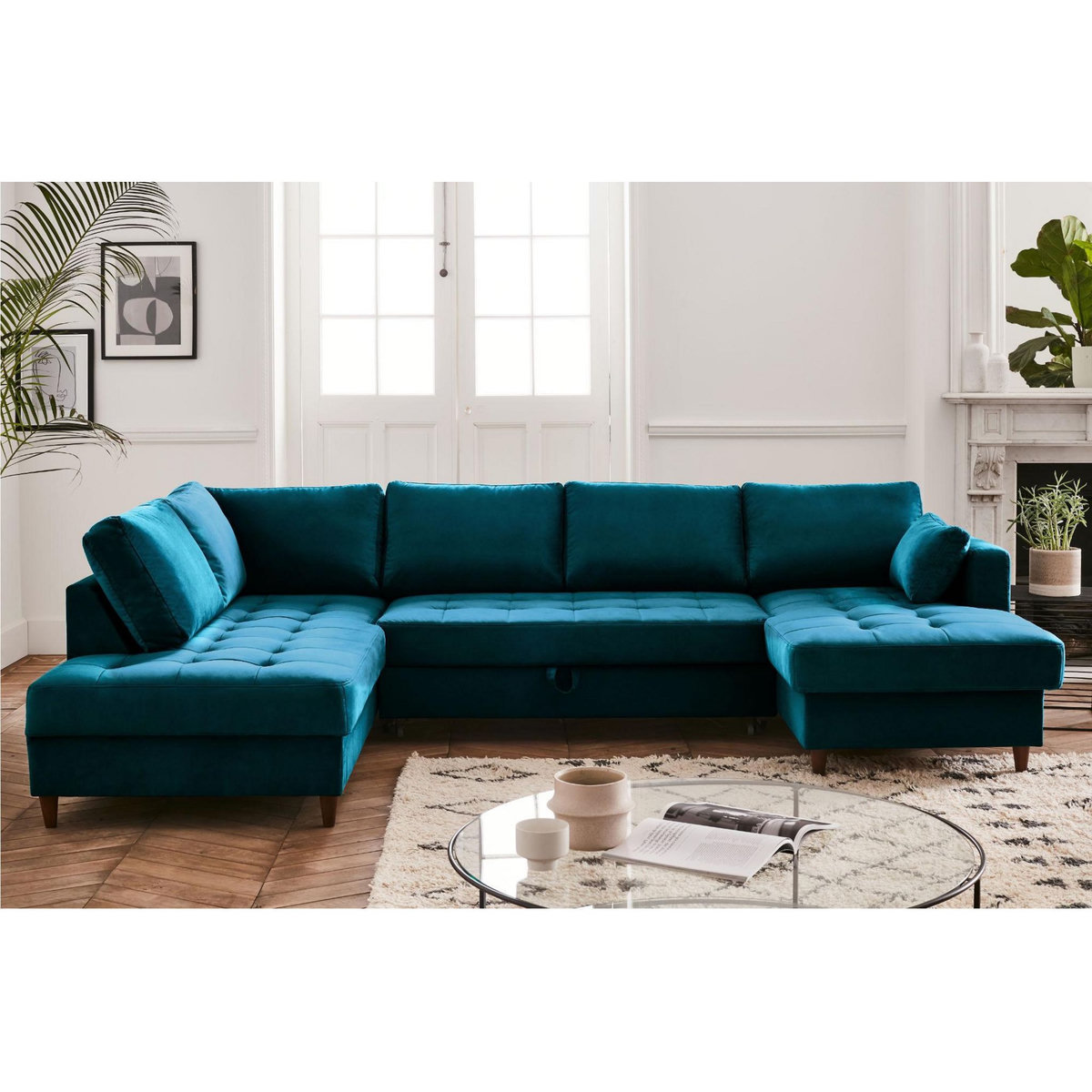 LISA DESIGN Anna - canapé panoramique d'angle gauche - 7 places - convertible avec coffre - en velours