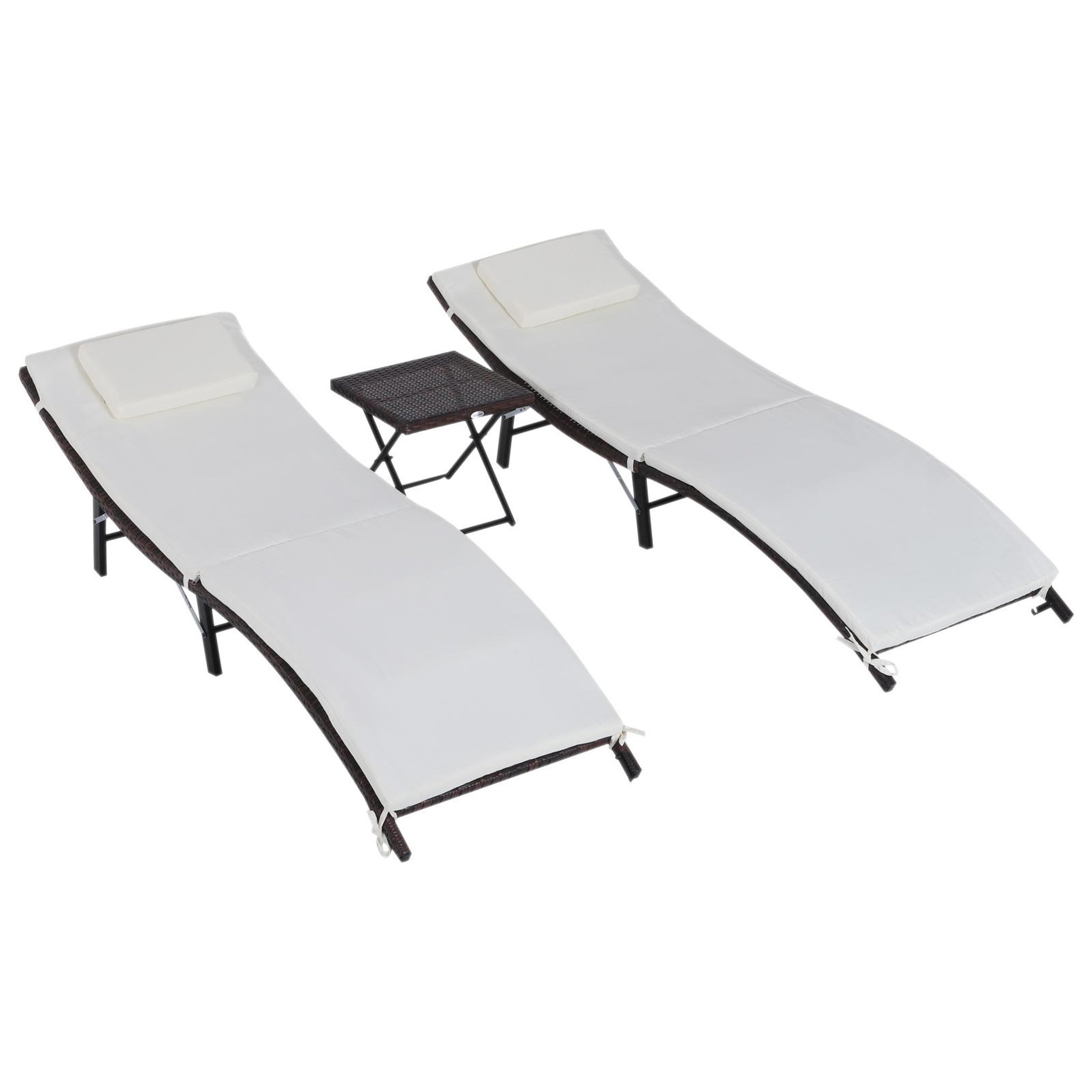 Voir la diapositive 1 : OUTSUNNY Lot de 2 transats bains de soleil pliables grand confort : matelas, têtière + table basse résine tressée chocolat