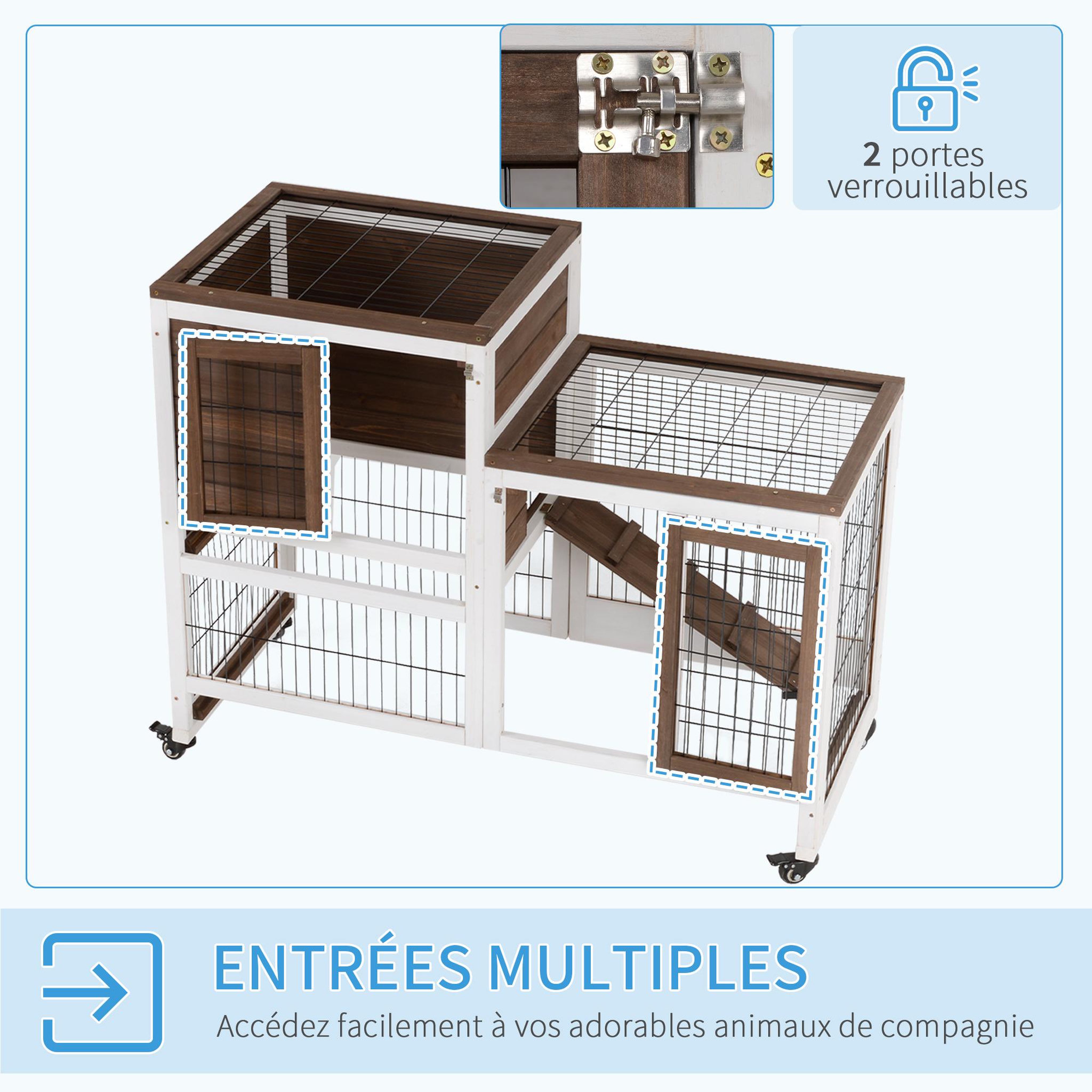 Voir la diapositive 6 : PAWHUT Clapier à lapin sur roulettes cage à lapin 2 étages 2 portes verrouillables 2 plateaux coulissants rampe bois de sapin marron blanc