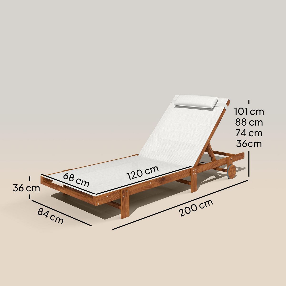 OUTSUNNY Bain de soleil style exotique bois avec 2 roues - inclinable, tétière - textilène blanc