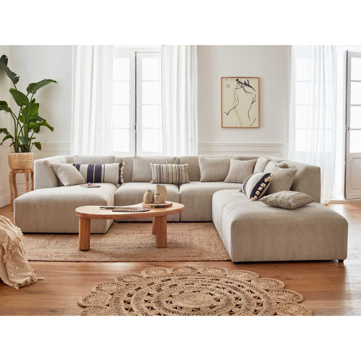 LISA DESIGN Victoire - canapé modulable panoramique d'angle droit - 7 places - en velours côtelé