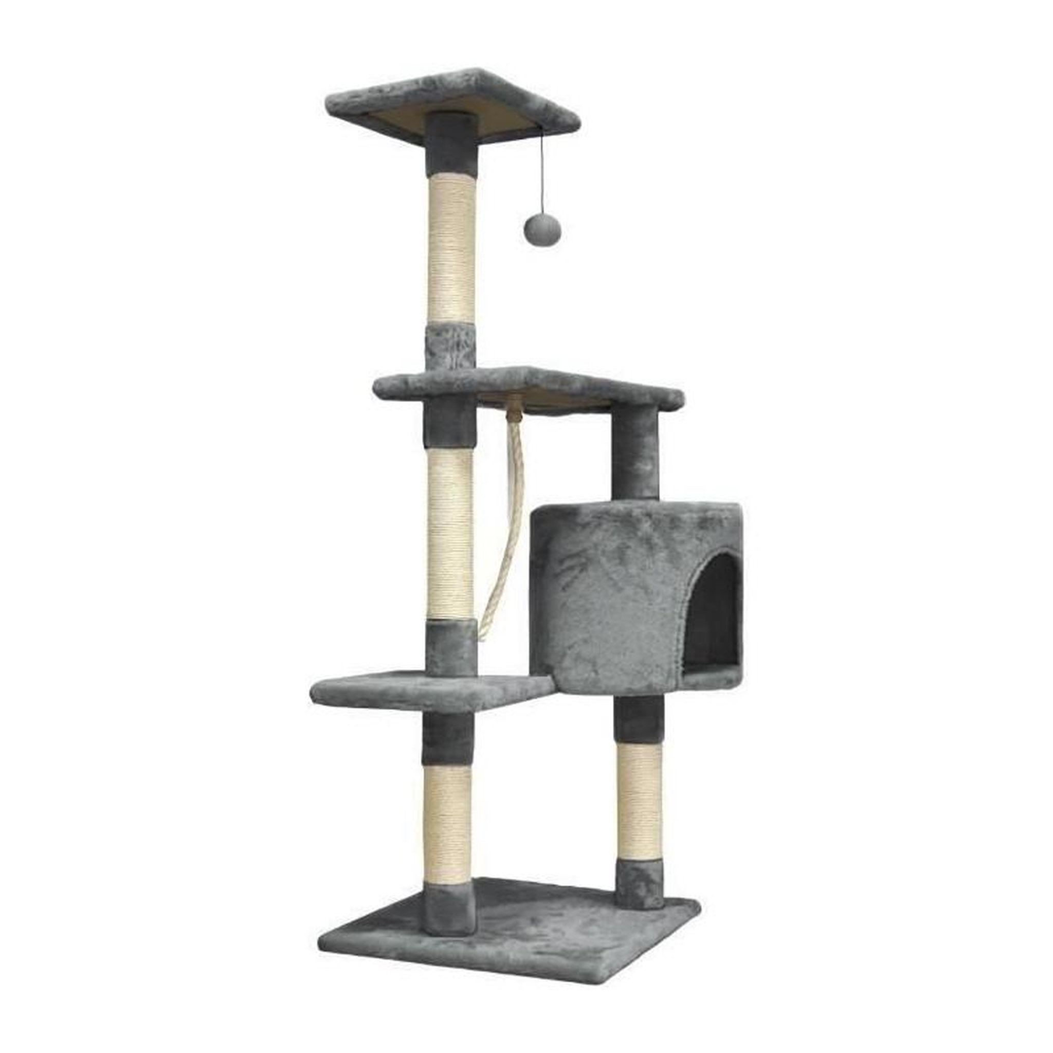 Voir la diapositive 2 : PALOMAR Arbre a chat - 40 x 40 x 110 cm - PALOMA - Gris foncé - 3 plateformes, 1 corde, 1 niche , poteaux a griffer