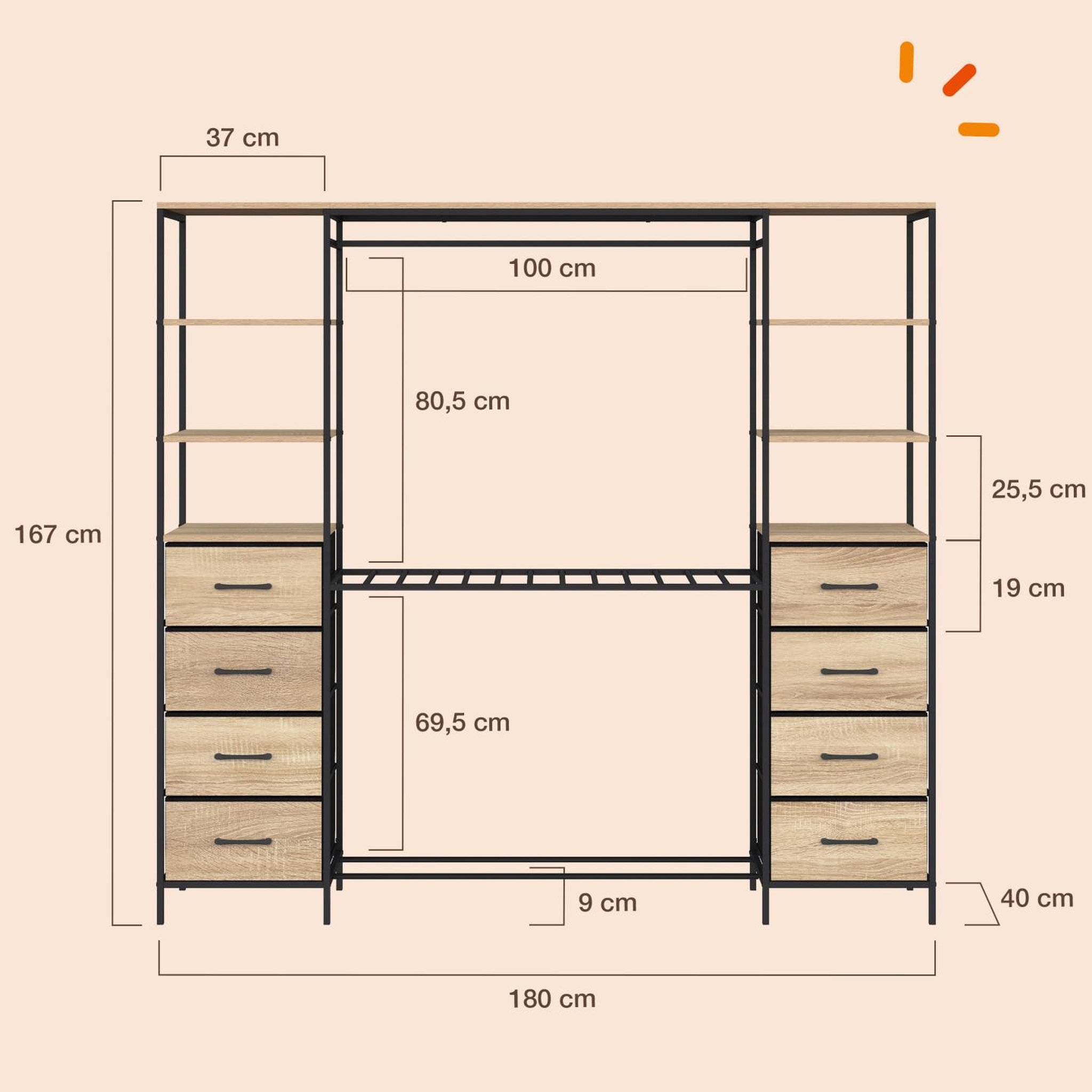 Voir la diapositive 4 : ID MARKET Dressing double xxl utah 180 cm avec porte pantalons, étagères, bacs en tissu et porte chaussures bois et noir