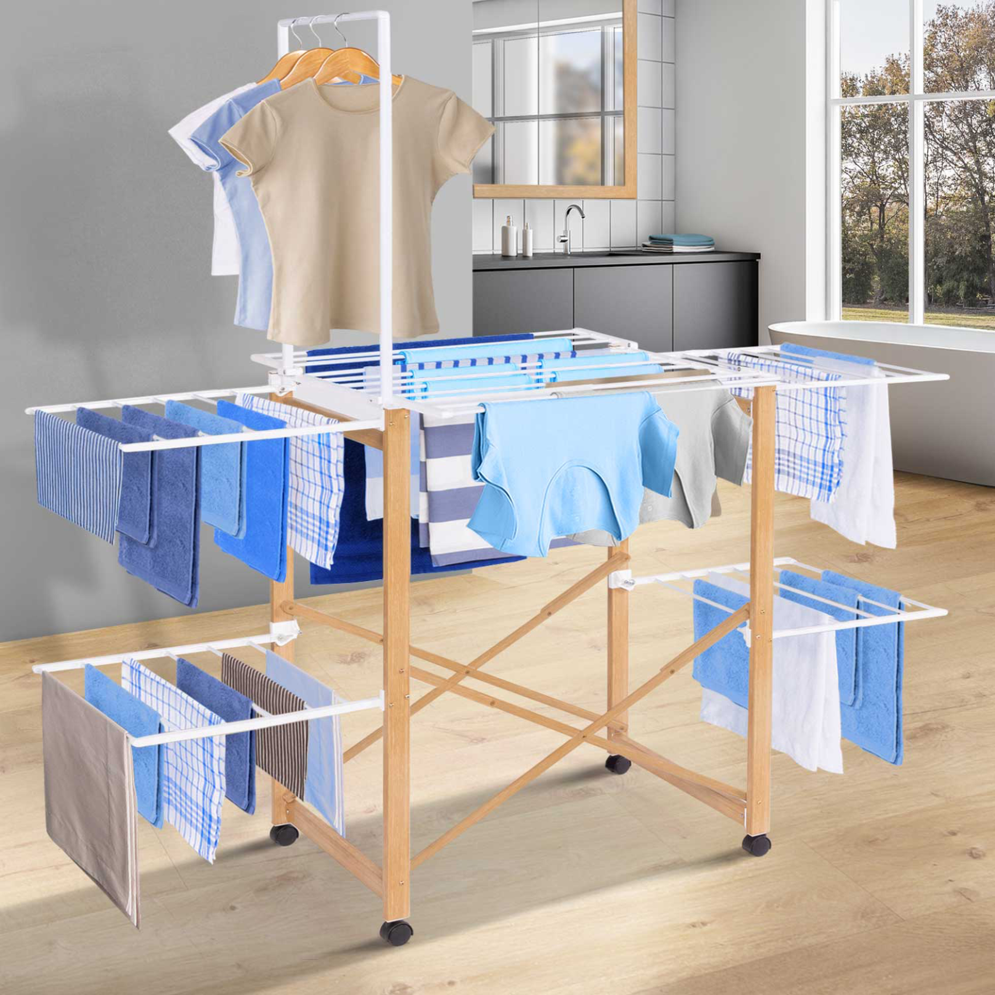 Voir la diapositive 2 : ID MARKET Séchoir à linge pliable deluxe capacité 22m avec tringle blanc et effet bois