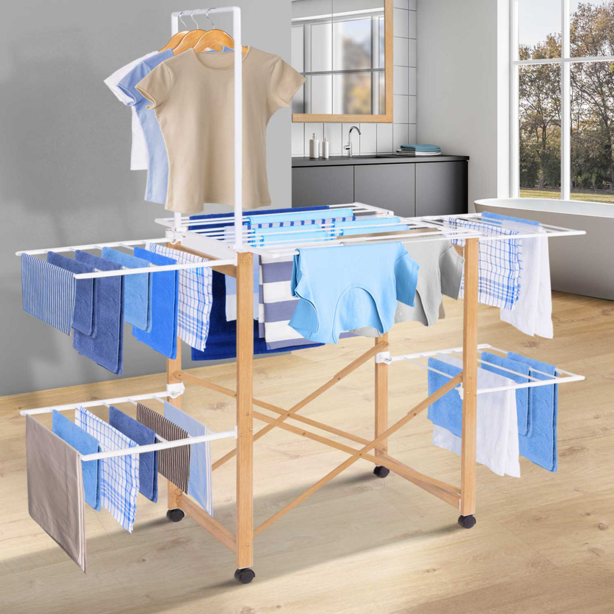 ID MARKET Séchoir à linge pliable DELUXE capacité 22M avec tringle blanc et effet bois