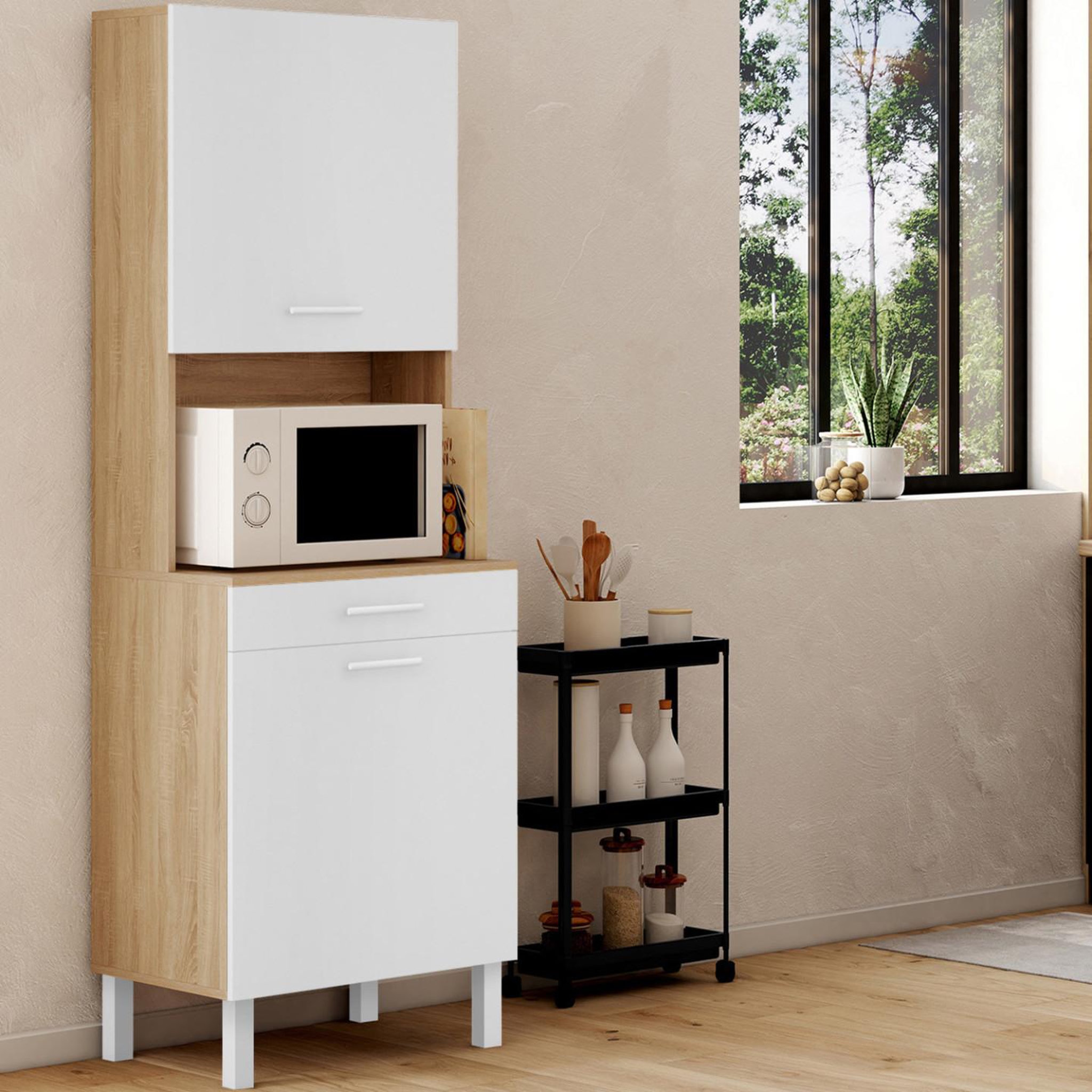 Voir la diapositive 2 : ID MARKET Buffet de cuisine 60 cm cina 2 portes + tiroir façon hêtre et blanc