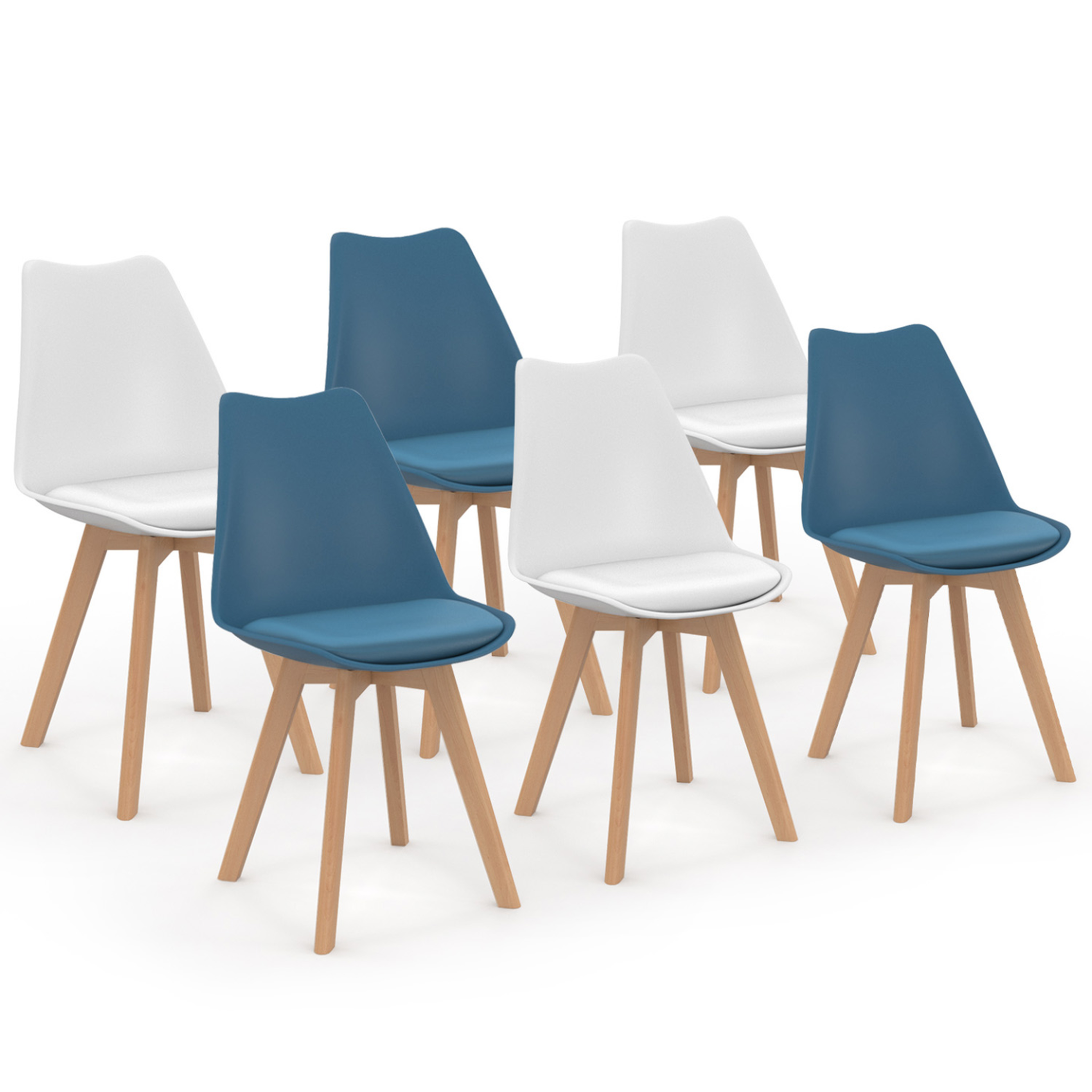 ID MARKET Lot de 6 chaises scandinaves sara mix color bleu canard x3 et blanc x3
