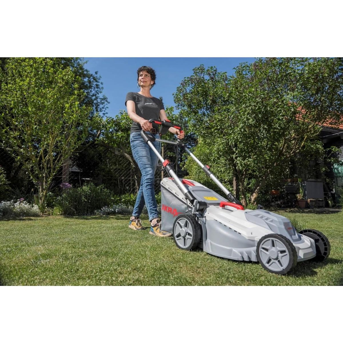 Ikra Tondeuse électrique 2000W Tonte & Ramassage Mulching Largeur de coupe 43cm, 5 Hauteurs de coupe, Tondeuse gazon Bac 50L IKRA