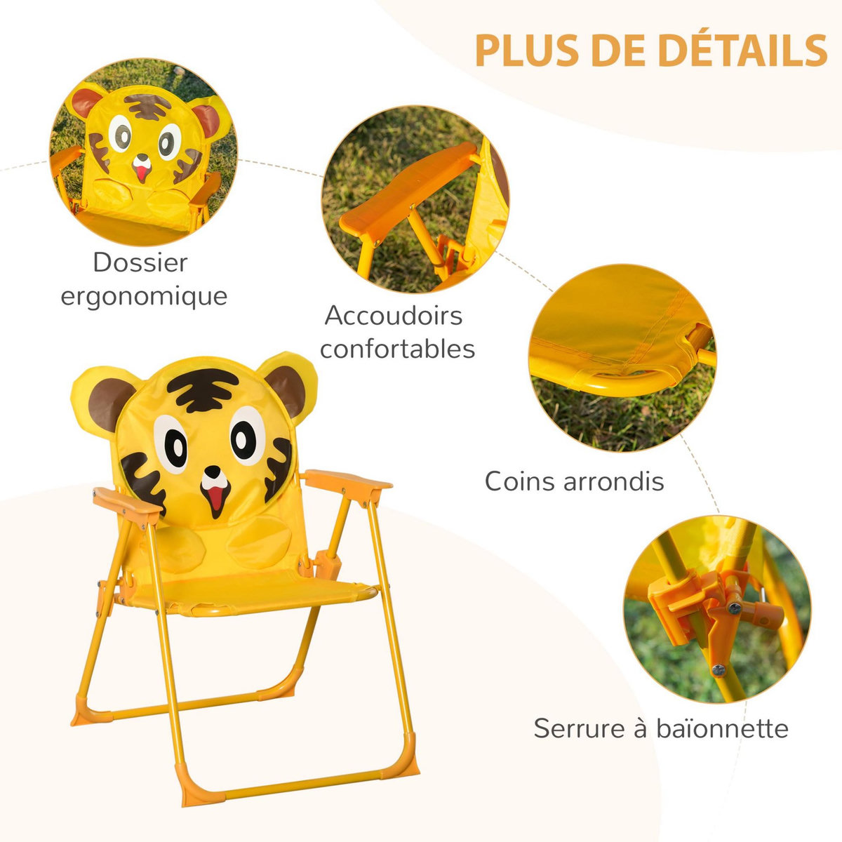 OUTSUNNY Ensemble salon de jardin enfant 4 pcs design tigre - table ronde + 2 chaises pliables + parasol - métal époxy oxford jaune
