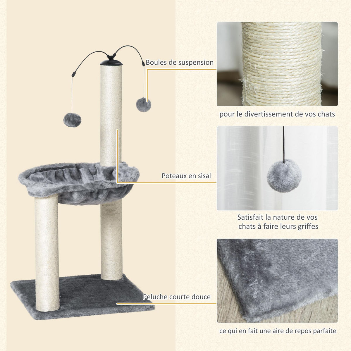 PAWHUT Arbre à chat 2 griffoirs grattoirs sisal naturel hamac jeu 2 boules suspendues peluche haute densité 400 g/m² gris