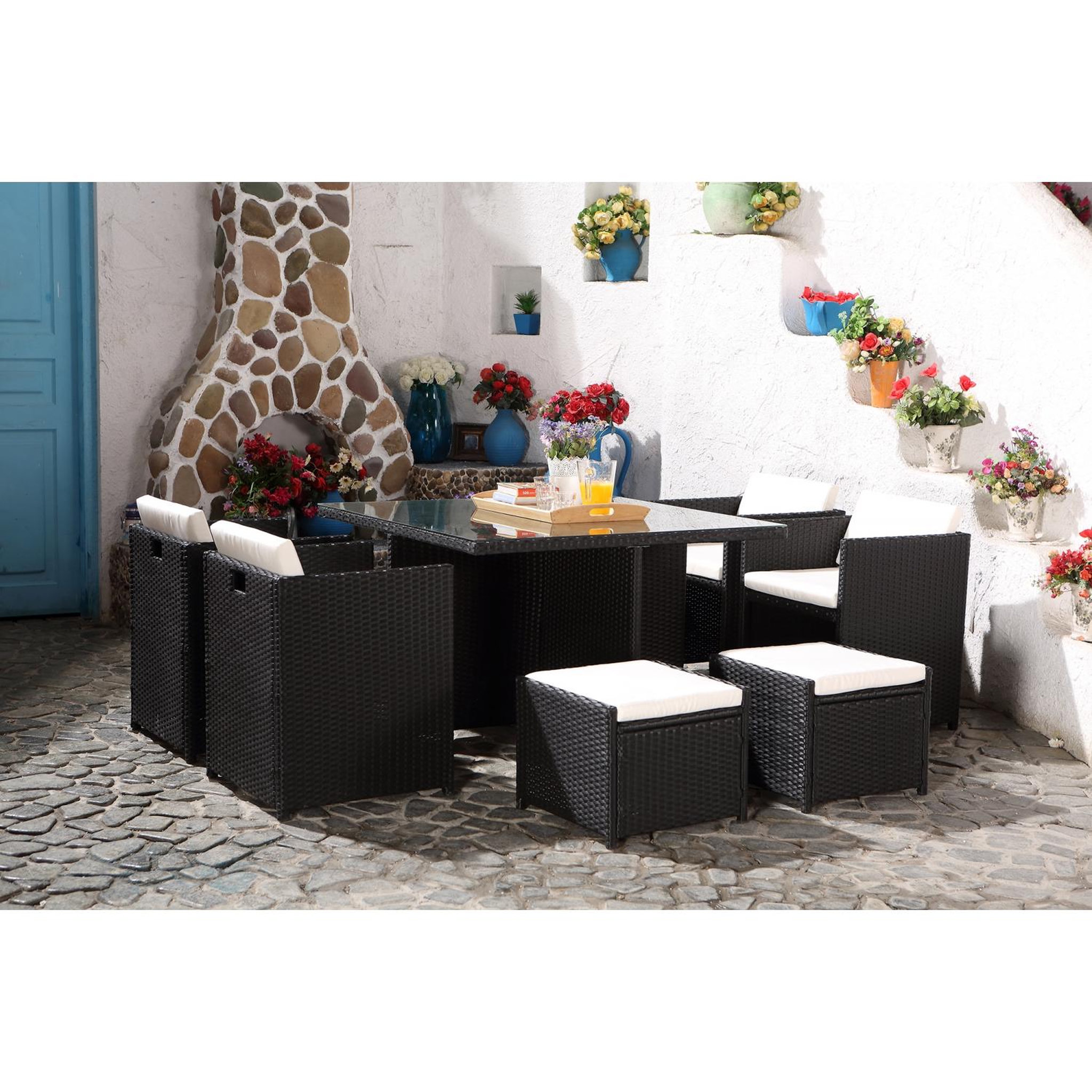 Voir la diapositive 6 : CONCEPT USINE Salon de jardin 8 places noir-blanc + housse de protection miami