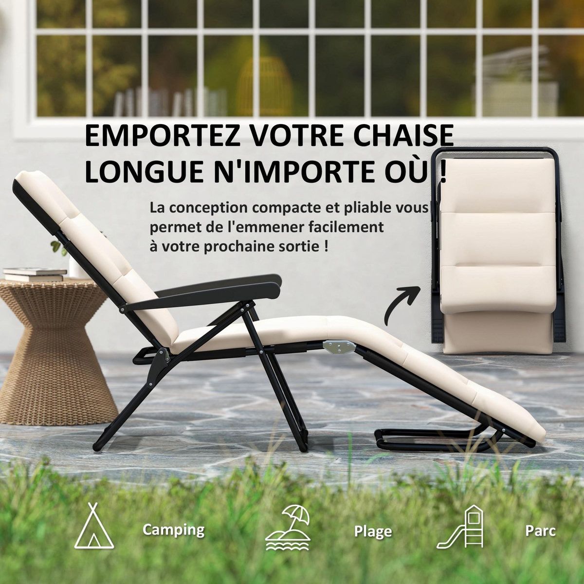 OUTSUNNY Bain de soleil pliable transat inclinable 6 positions grand confort avec matelas + accoudoirs acier polyester beige