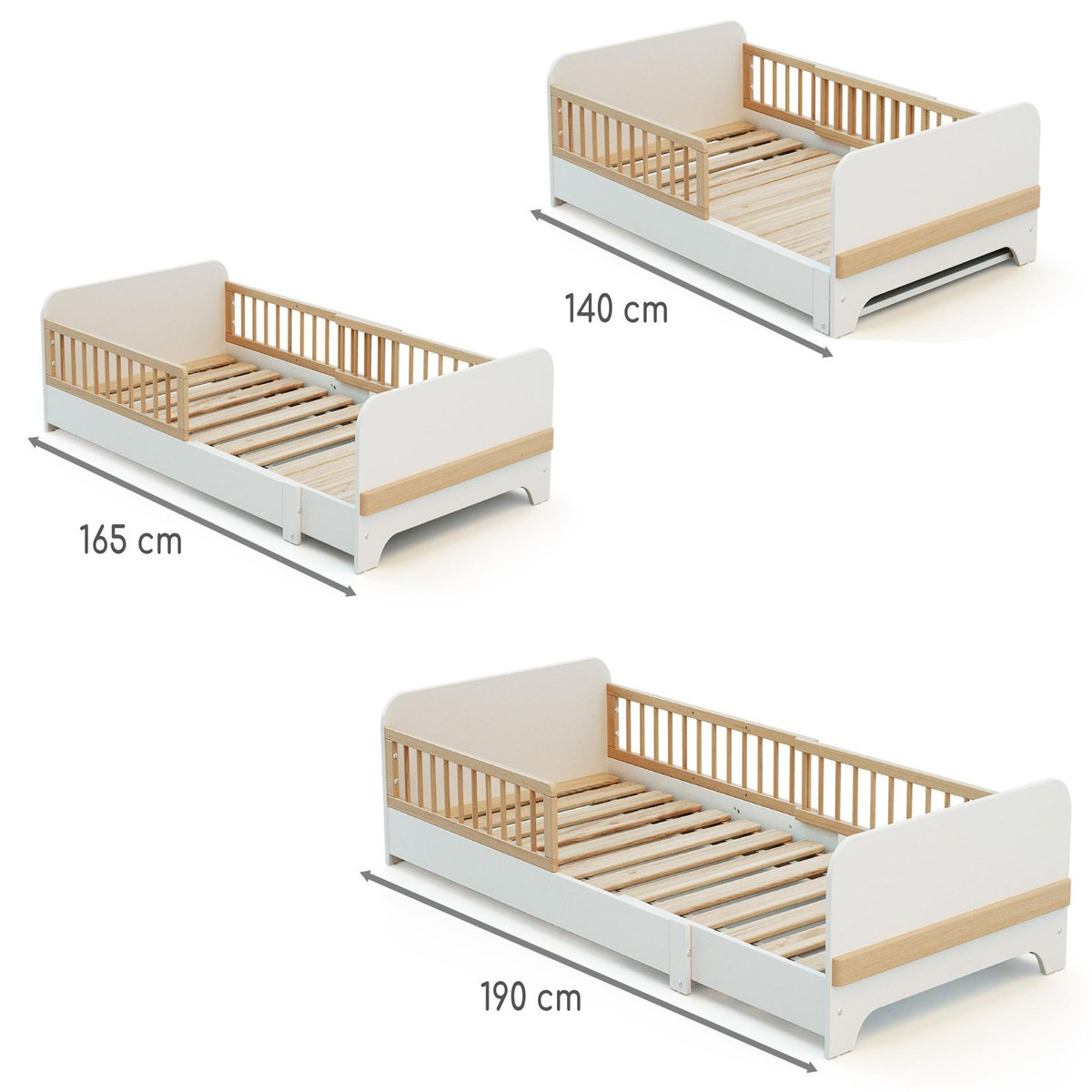 JURABABY Lit au sol enfant extensible en bois 80x140-165-190 CARROUSEL avec matelas - Blanc