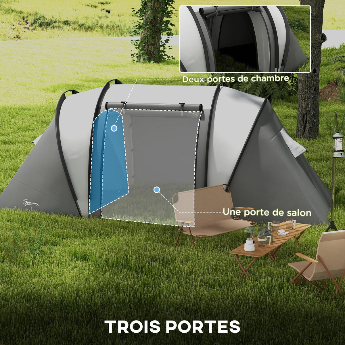 OUTSUNNY Tente de camping familiale 4-5 pers. 2 chambres 3 fenêtres sac gris