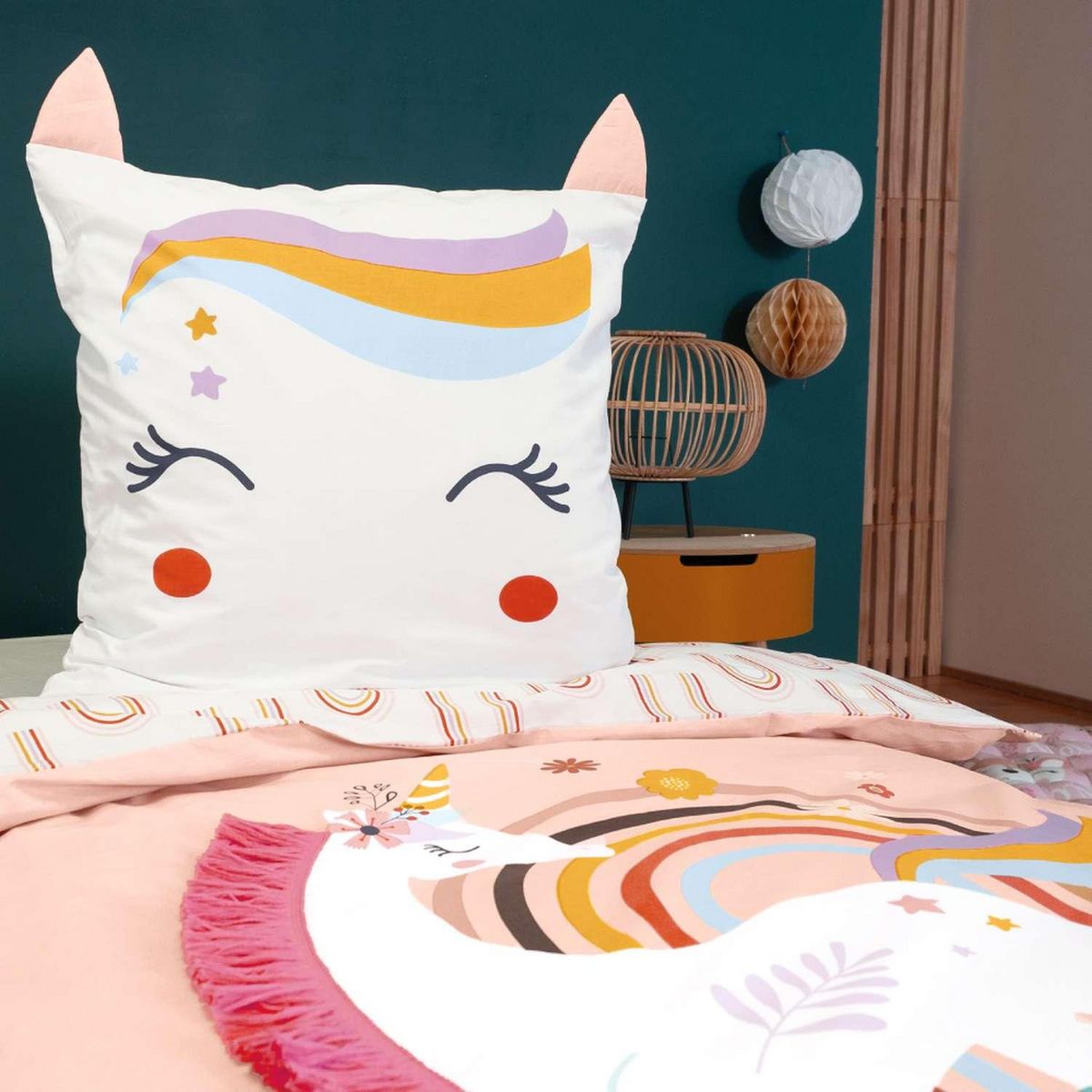 COTE DECO Parure de lit enfant Licorne avec oreilles rembourrées - 100% coton 57 fils/cm² - 140 x 200 cm