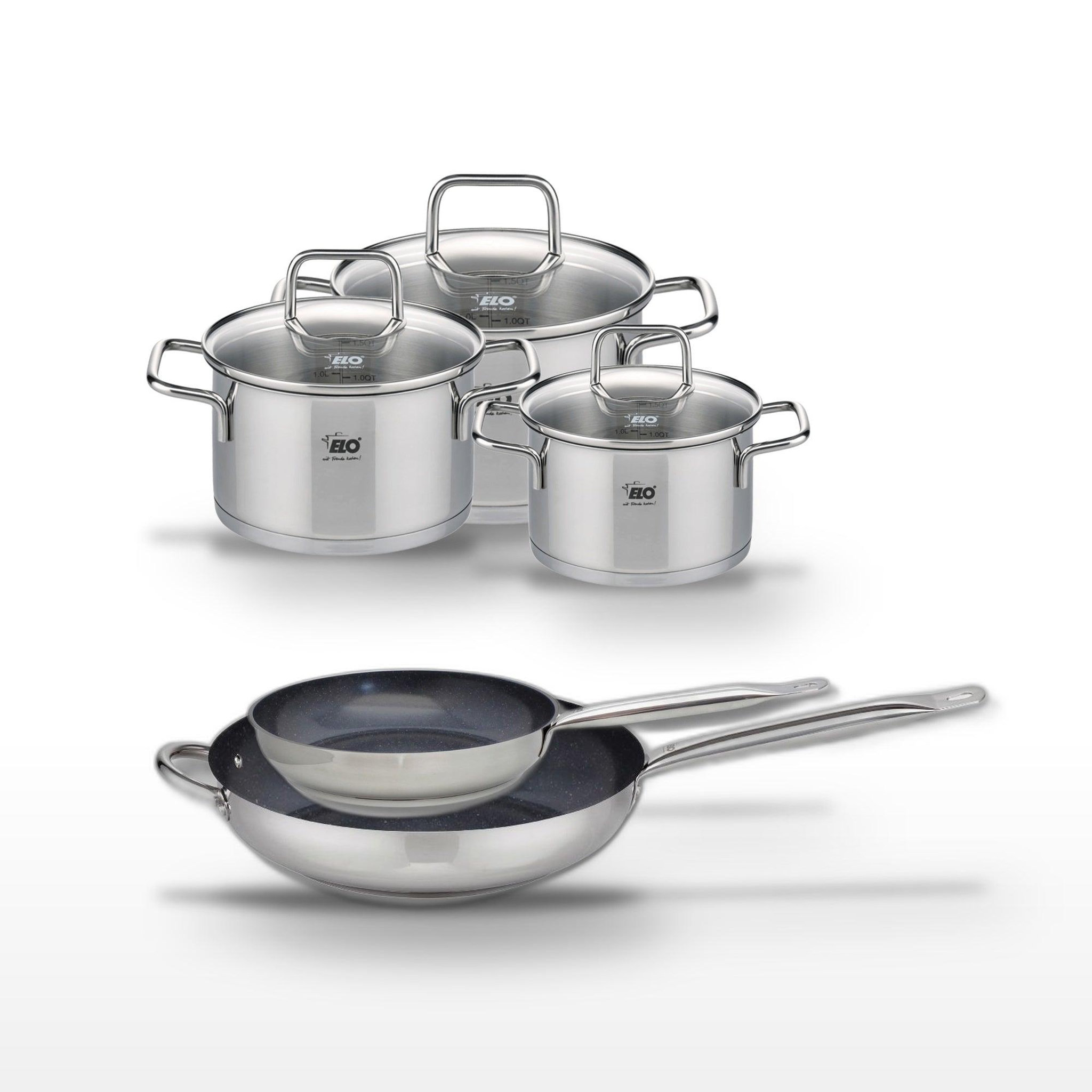ELO Lot 2 poêles céramiques 24/32cm et 3 faitouts elo profi therm platinum