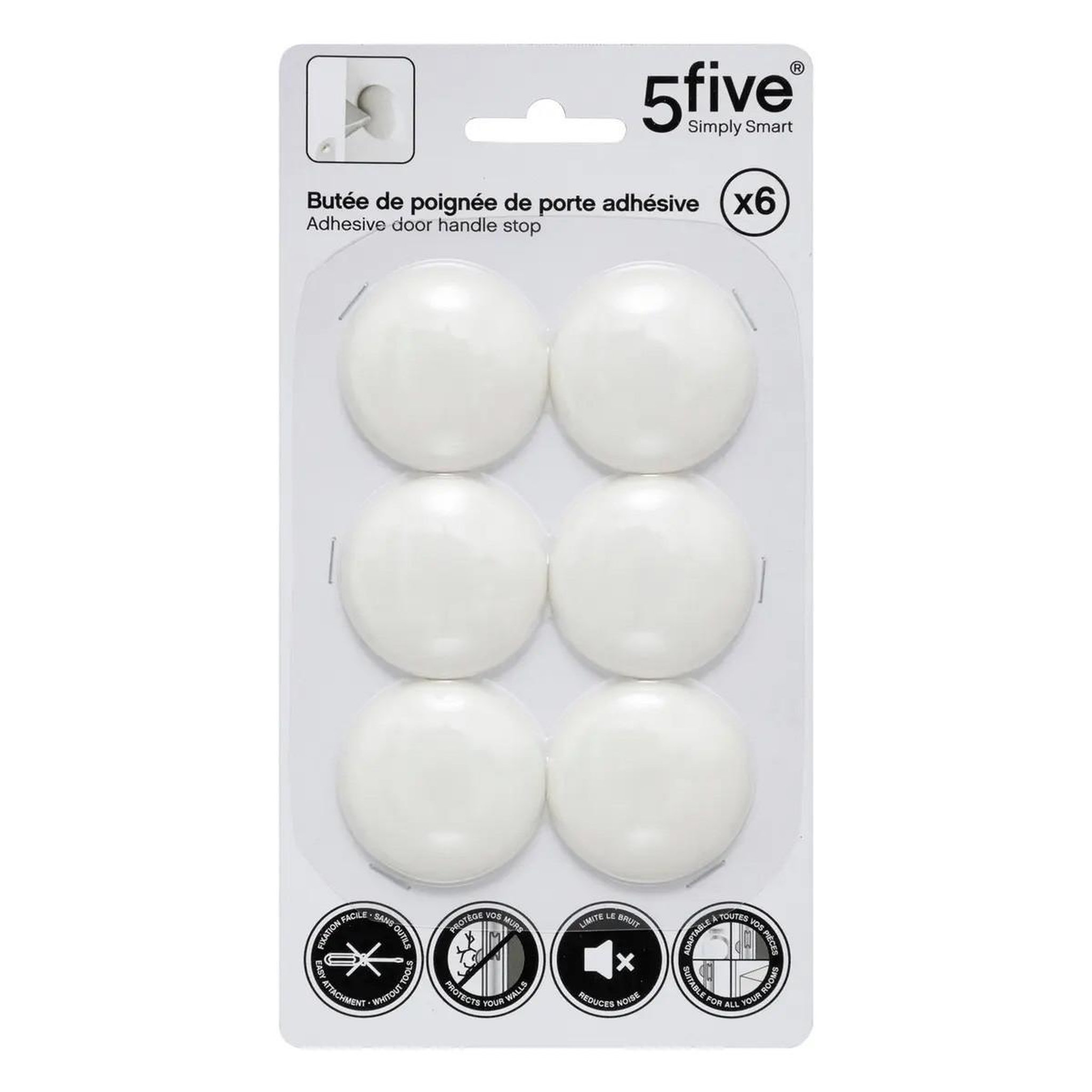 Voir la diapositive 4 : FIVE Lot de 6 butées adhésives  poignée de porte  4cm blanc