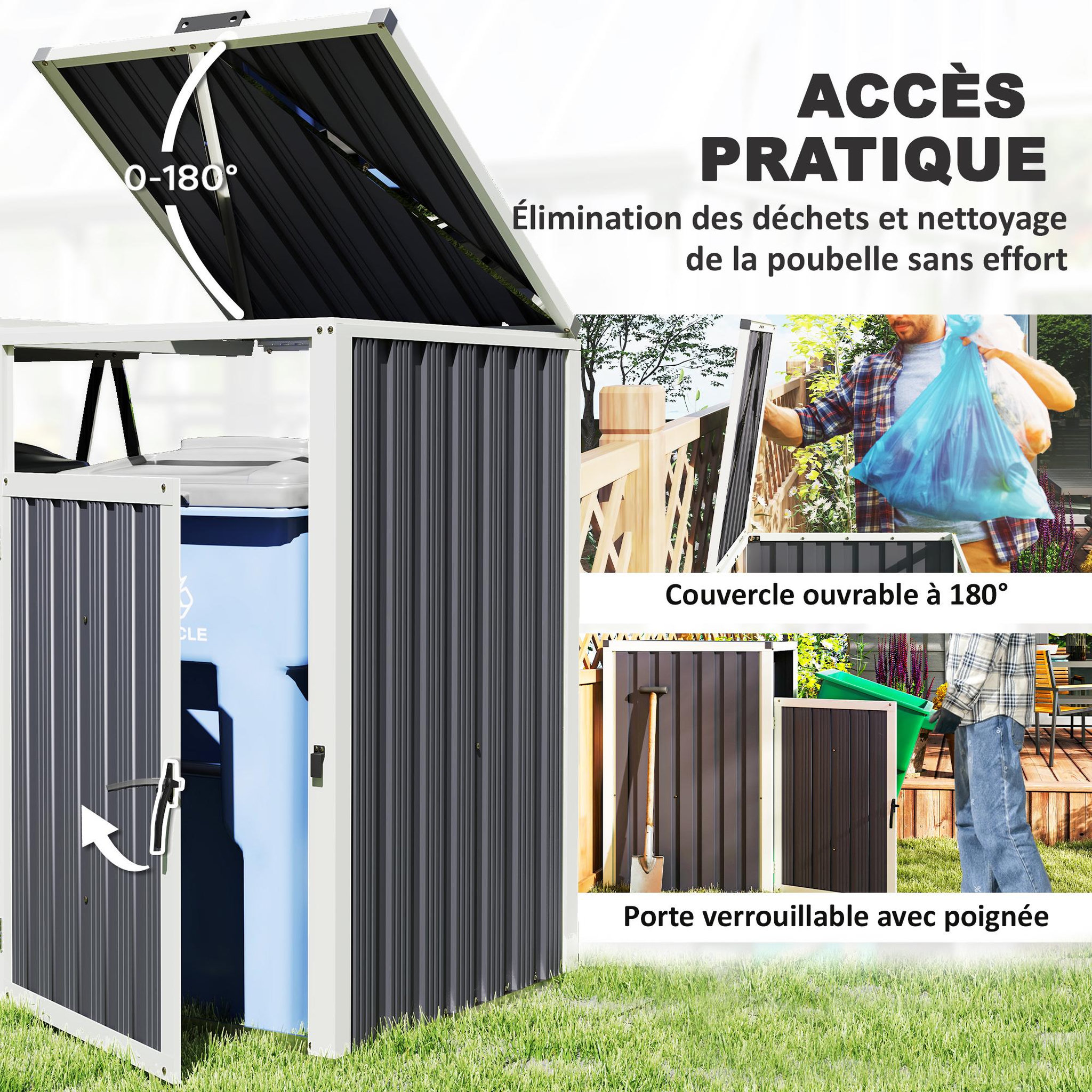 Voir la diapositive 5 : OUTSUNNY Abri poubelles double - cache poubelles 2 x 240L - portes, couvercles - tôle acier ondulé blanc gris