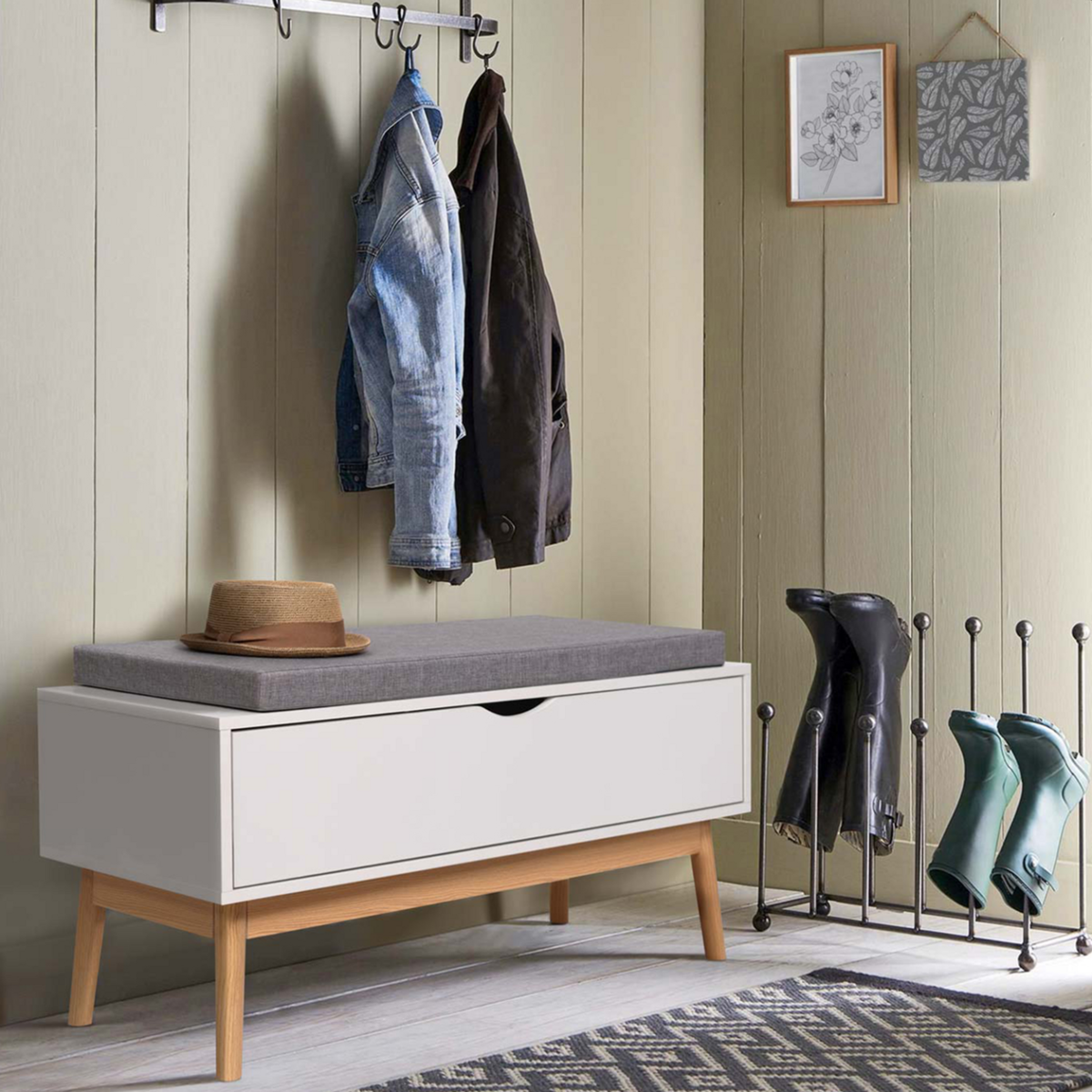 ID MARKET Banc coffre d'entrée chaussures LEO bois blanc