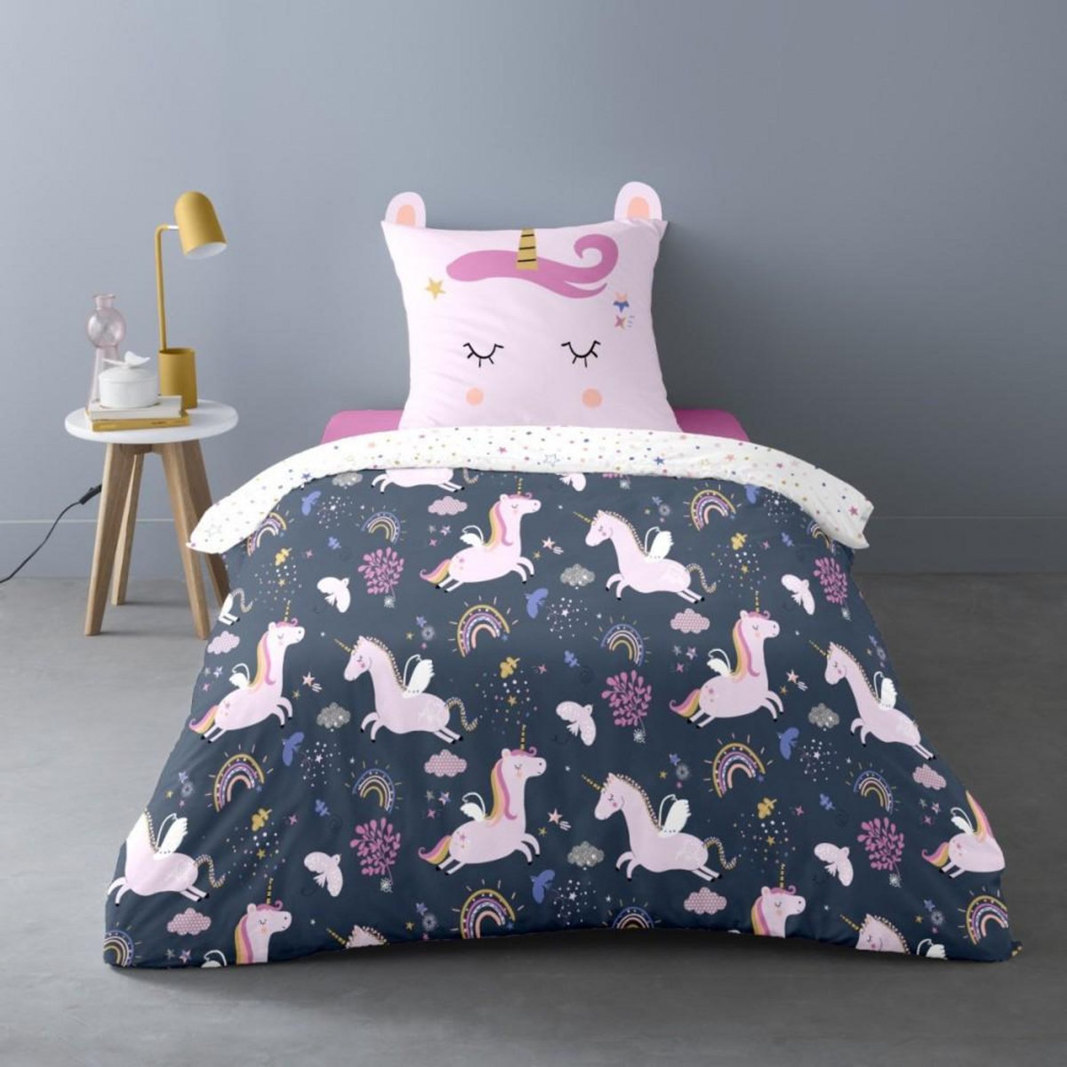 Dourev Housse de couette 140x200 Stella la licorne + 1 taie 100% coton