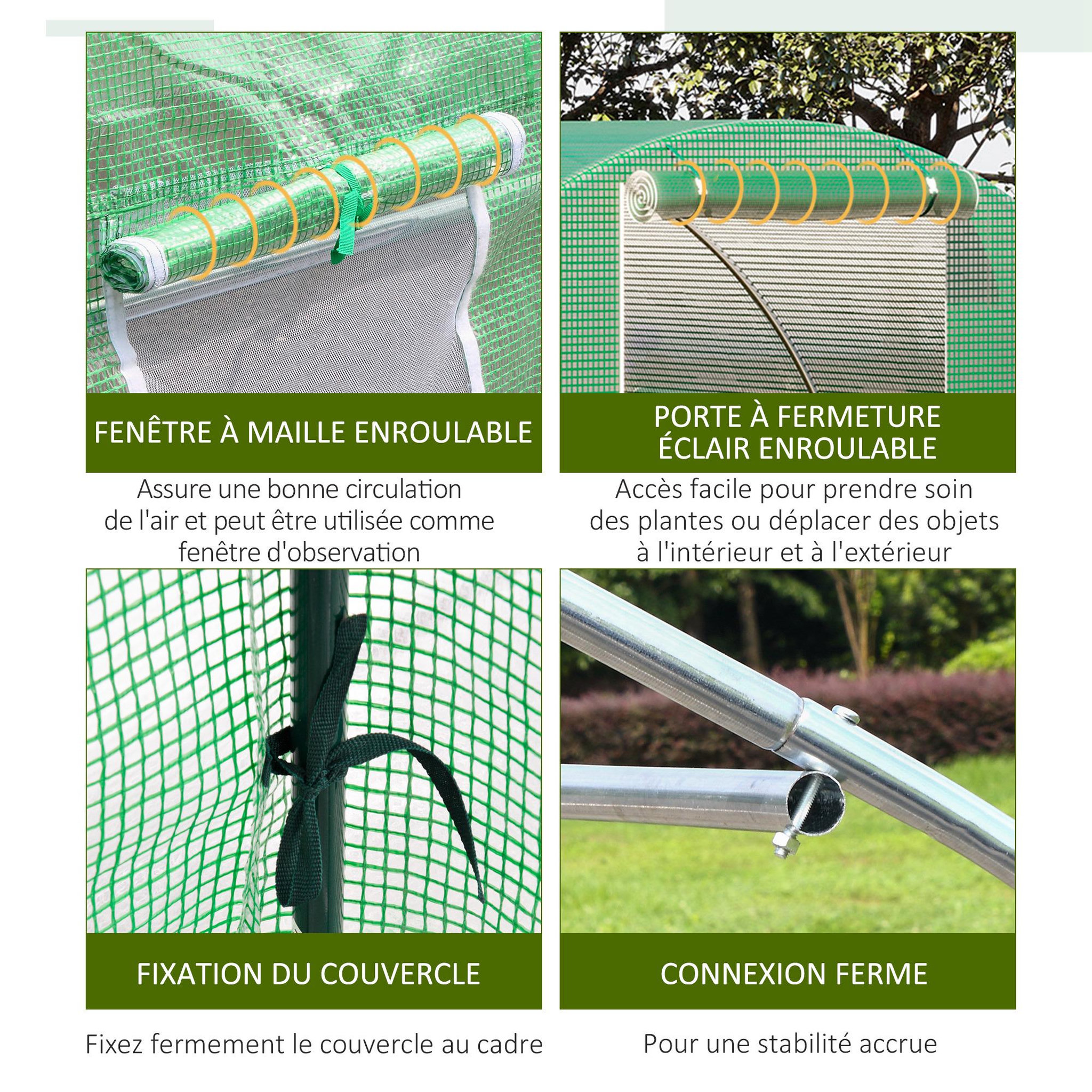Voir la diapositive 5 : OUTSUNNY Serre tunnel de jardin 9 m² - 3 x 3 x 2 m - 4 fenêtres, porte zippée enroulable - acier galvanisé PE haute densité vert