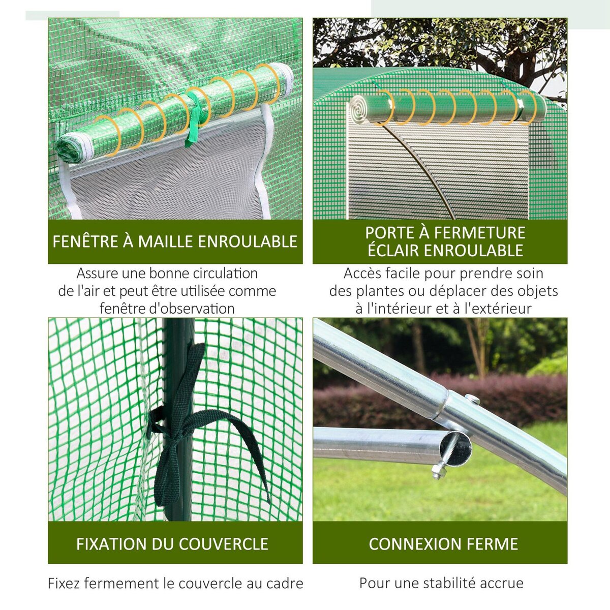 OUTSUNNY Serre tunnel de jardin 9 m² - 3 x 3 x 2 m - 4 fenêtres, porte zippée enroulable - acier galvanisé PE haute densité vert