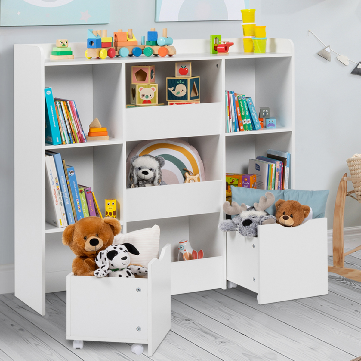 ID MARKET Meuble de rangement enfant MANA 5 étagères, 3 bacs et 2 cubes sur roulettes blanc