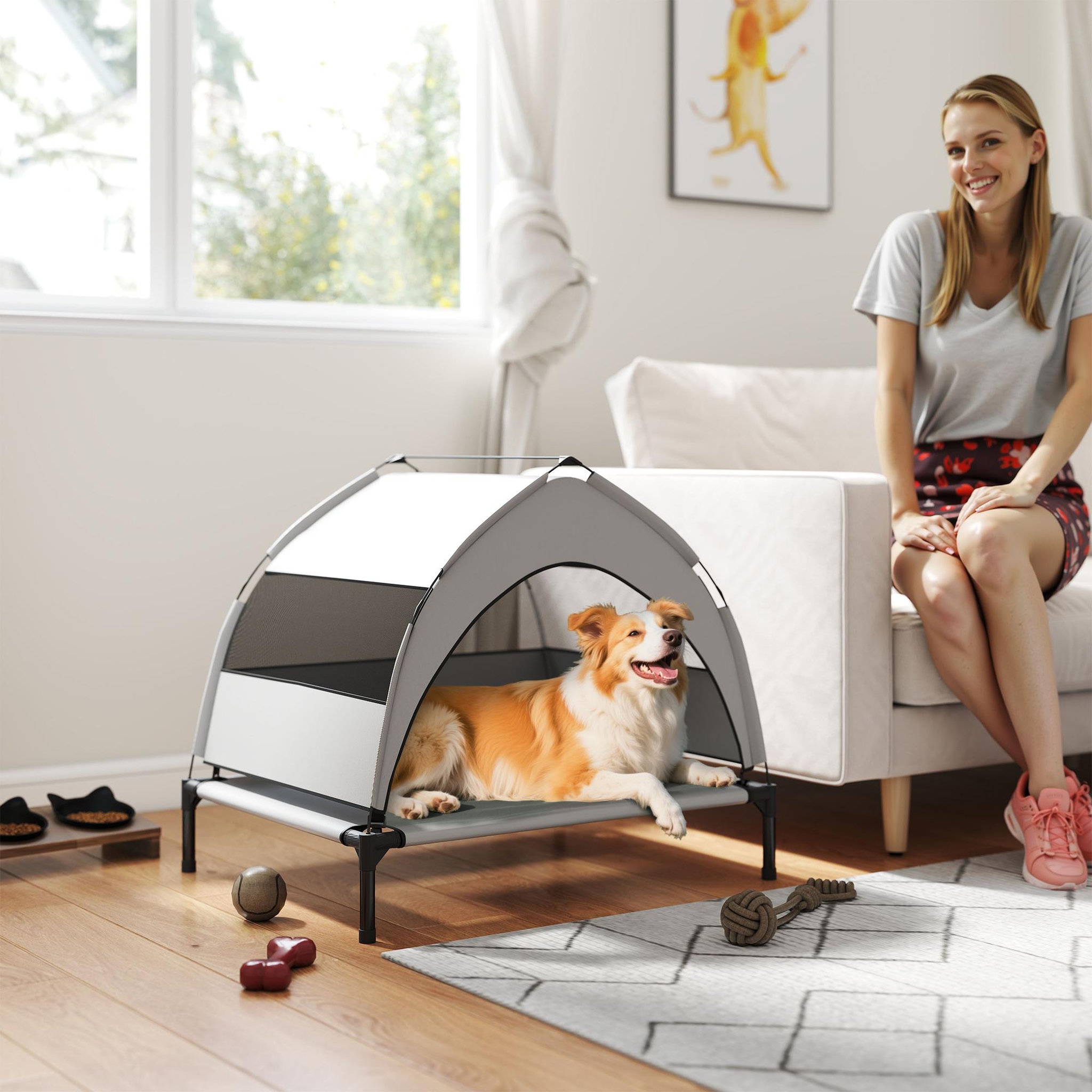Voir la diapositive 5 : PAWHUT Lit pour chien sur pieds taille M avec auvent gris