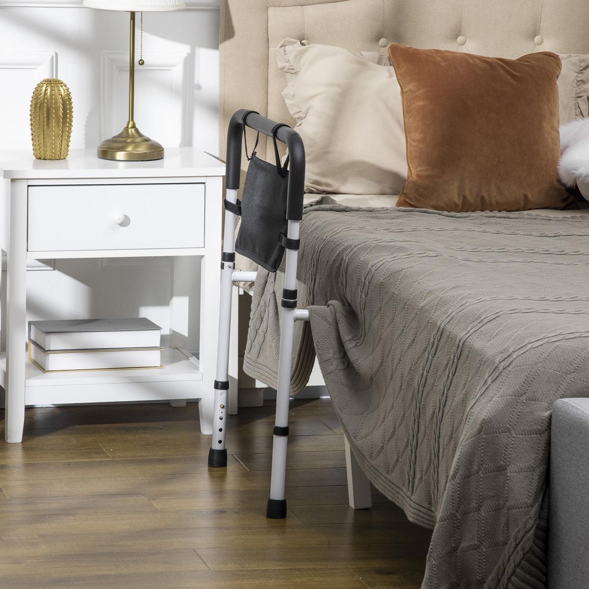 HOMCOM Barre de redressement de lit réglable avec pochette - poignée d'appui pour le lit - barre d'appui de lit - acier blanc EVA noir