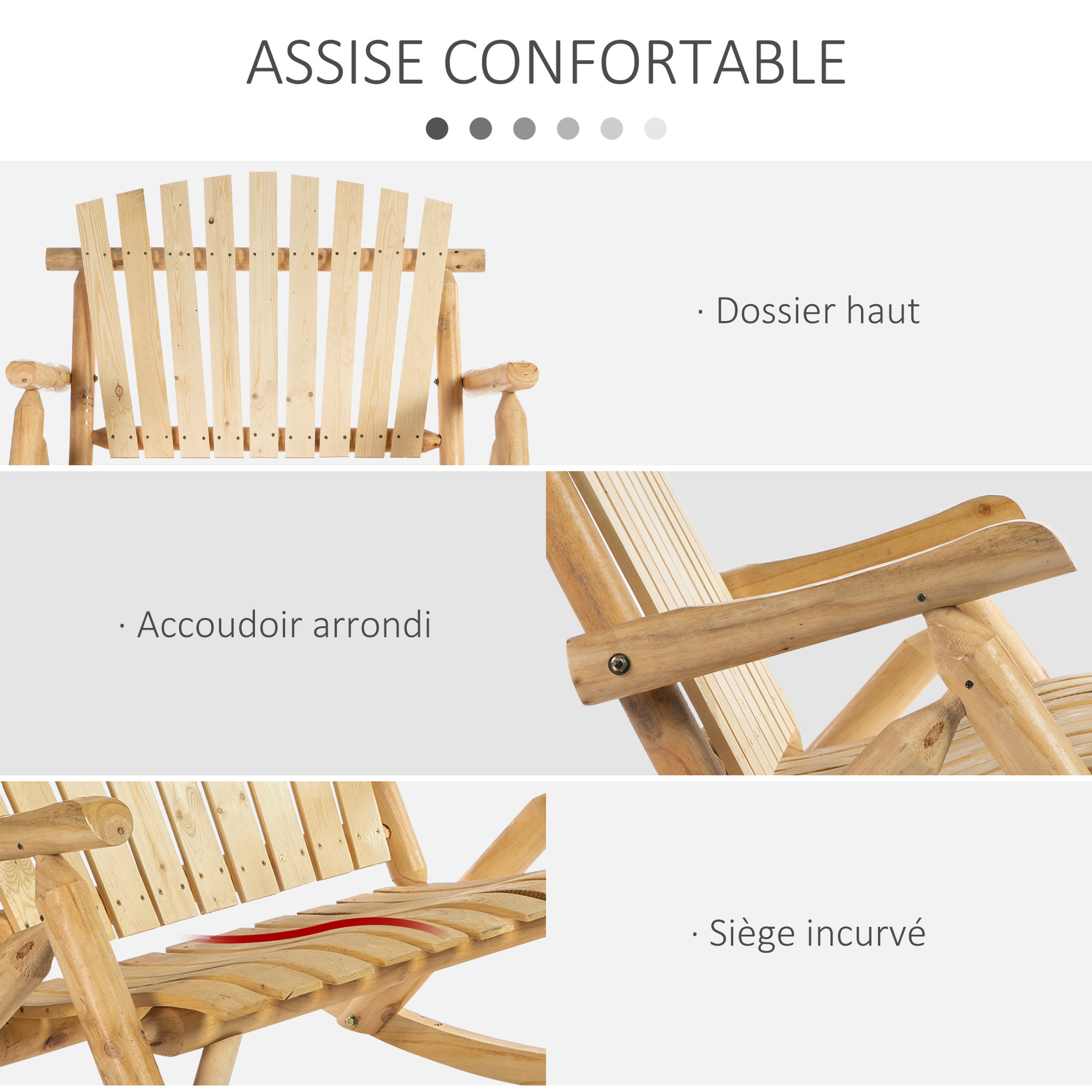 Voir la diapositive 4 : OUTSUNNY Fauteuil de jardin Adirondack à bascule 2 places rocking chair style néo-rétro assise dossier ergonomique bois naturel de pin