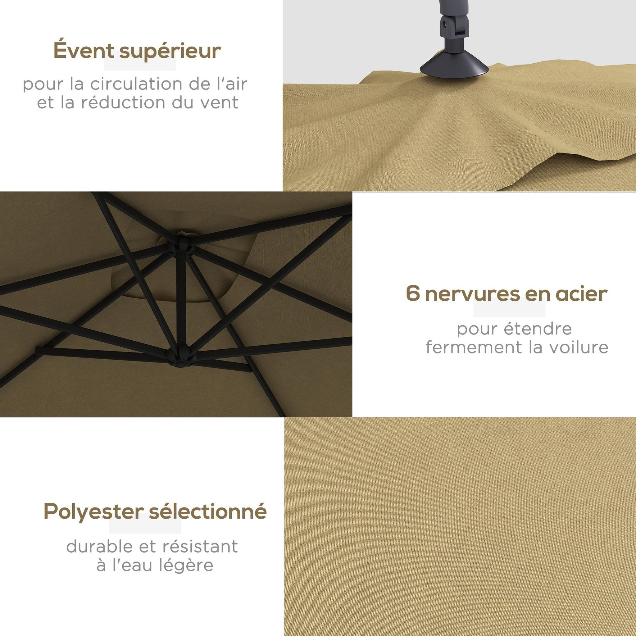 Voir la diapositive 5 : OUTSUNNY Parasol déporté rectangulaire dim. 294L x 193l x 250H cm pied en croix kaki