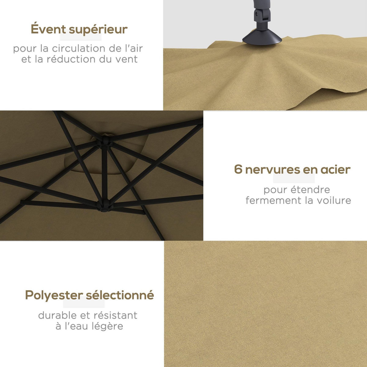 OUTSUNNY Parasol déporté rectangulaire dim. 294L x 193l x 250H cm pied en croix kaki