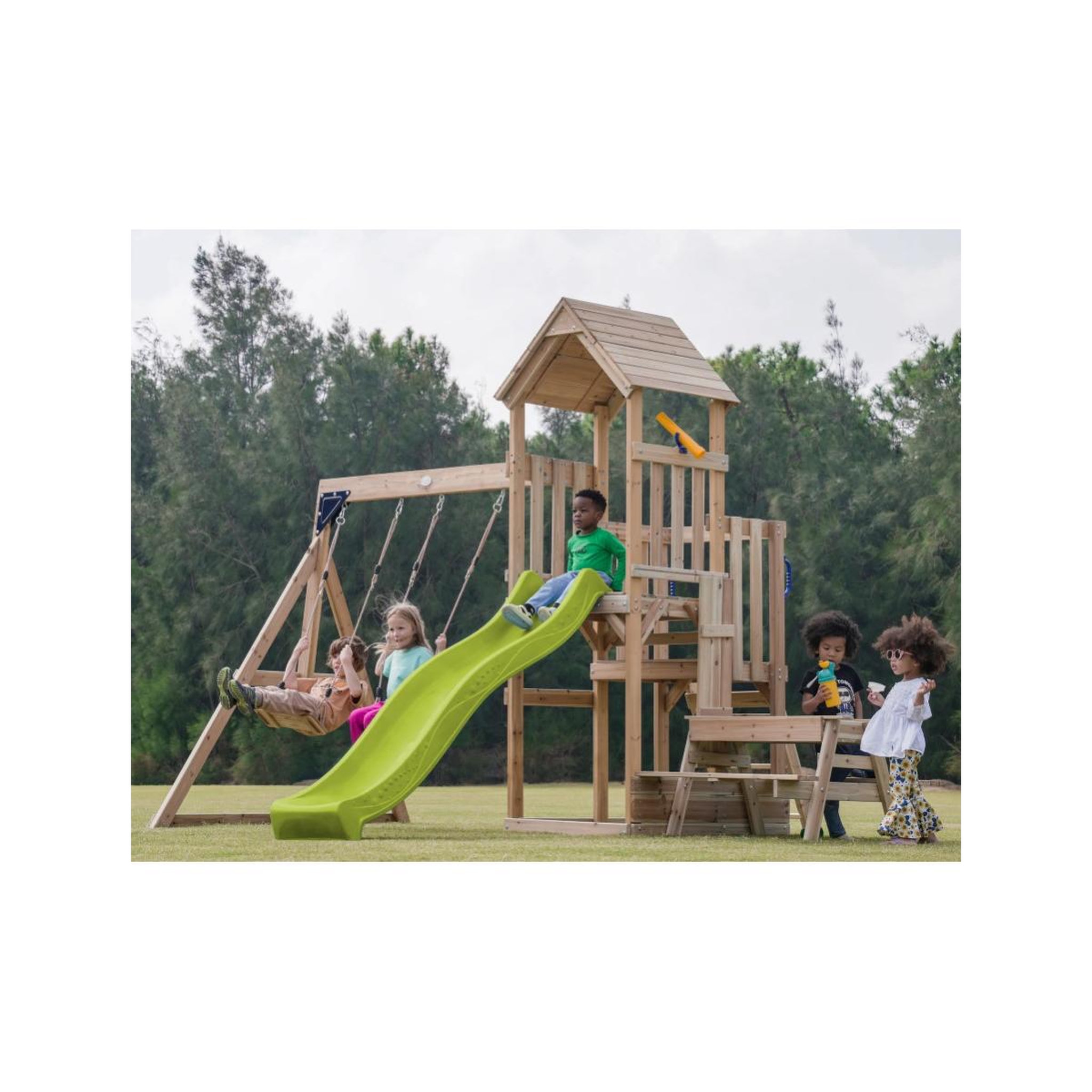Voir la diapositive 3 : Axi House Portique Mette 2 balançoires + table toboggan vert citron