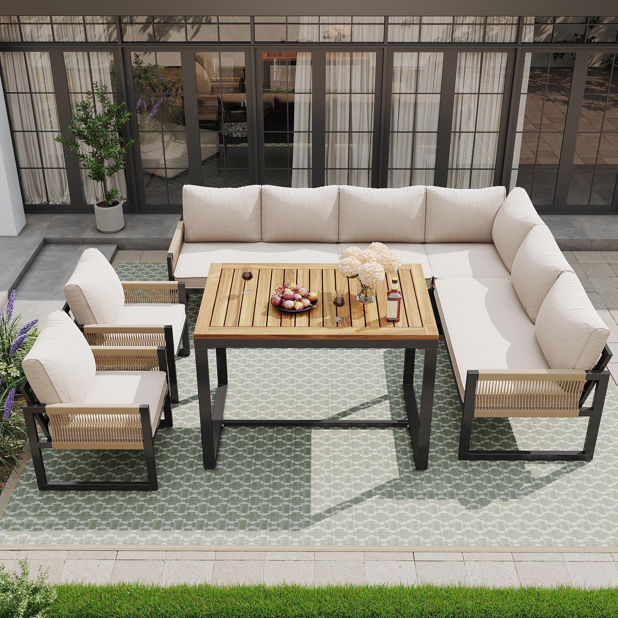 Voir la diapositive 5 : MERAX Salon de jardin repas 8 places en rotin et métal avec canapé d'angle, 3 fauteuils et 1 table, beige