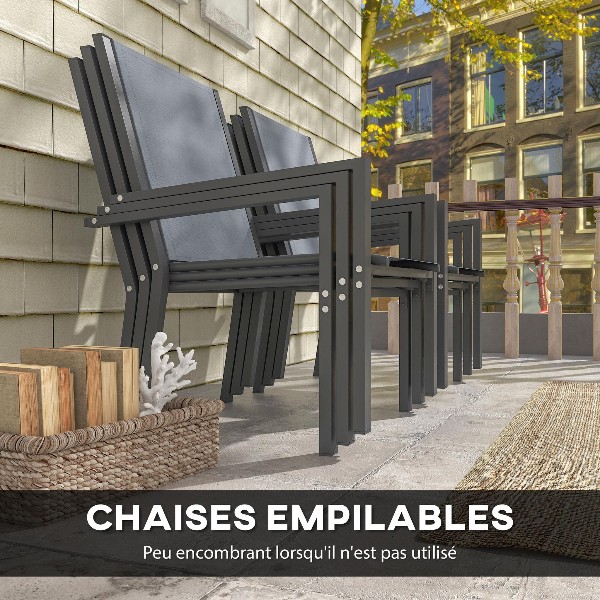 Voir la diapositive 5 : OUTSUNNY Ensemble salon de jardin repas - ensemble repas extérieur - 6 chaises empilables grande table effet bois - acier textilène gris