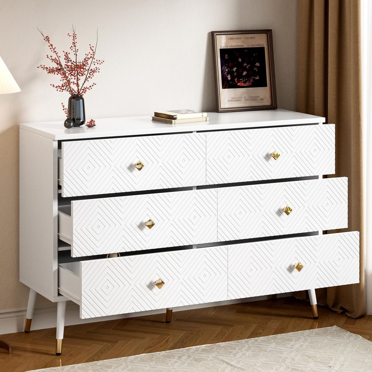 MERAX Commode 6 tiroir(s) 0 niche(s) coloris blanc largeur 120 cm panneaux de particules