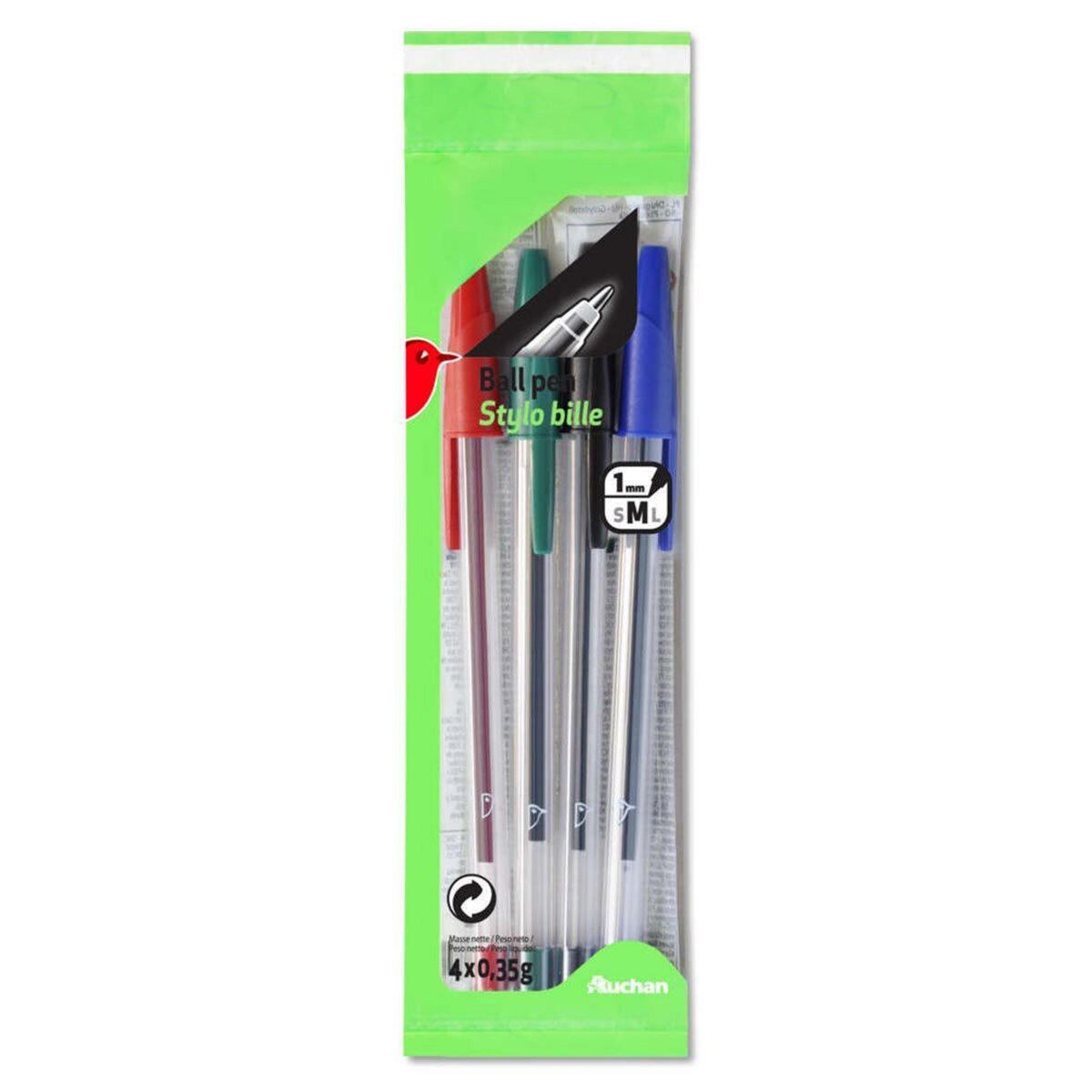 AUCHAN  Lot de 4 stylos bille pointes moyennes assortiment Bleu Noir Rouge Vert