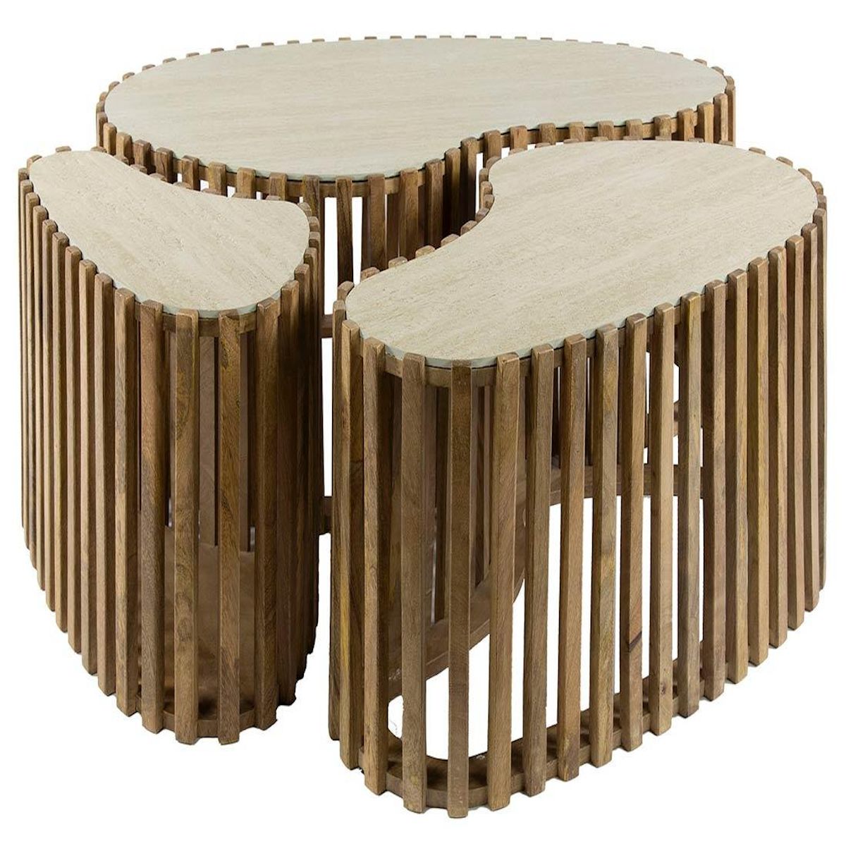 LISA DESIGN Jade - lot de 3 tables basses gigognes effet travertin - pieds en bois massif de manguier - 90, 70 et 50 cm