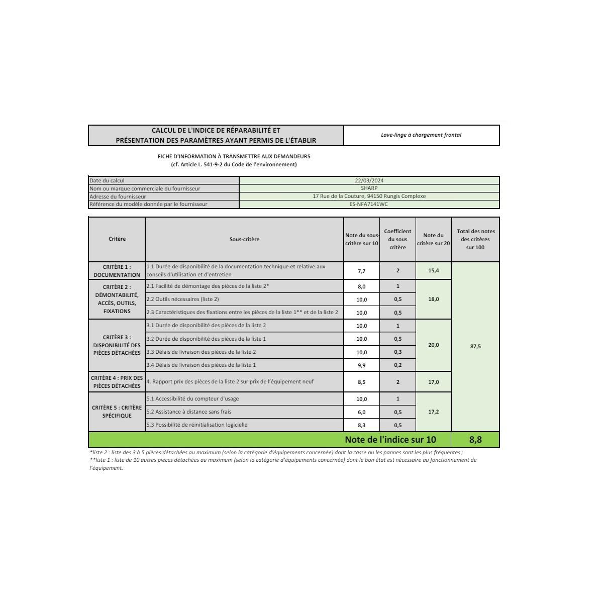 Sharp Lave-linge frontal 7kg 1400 tours/min - ESNFA7141WC