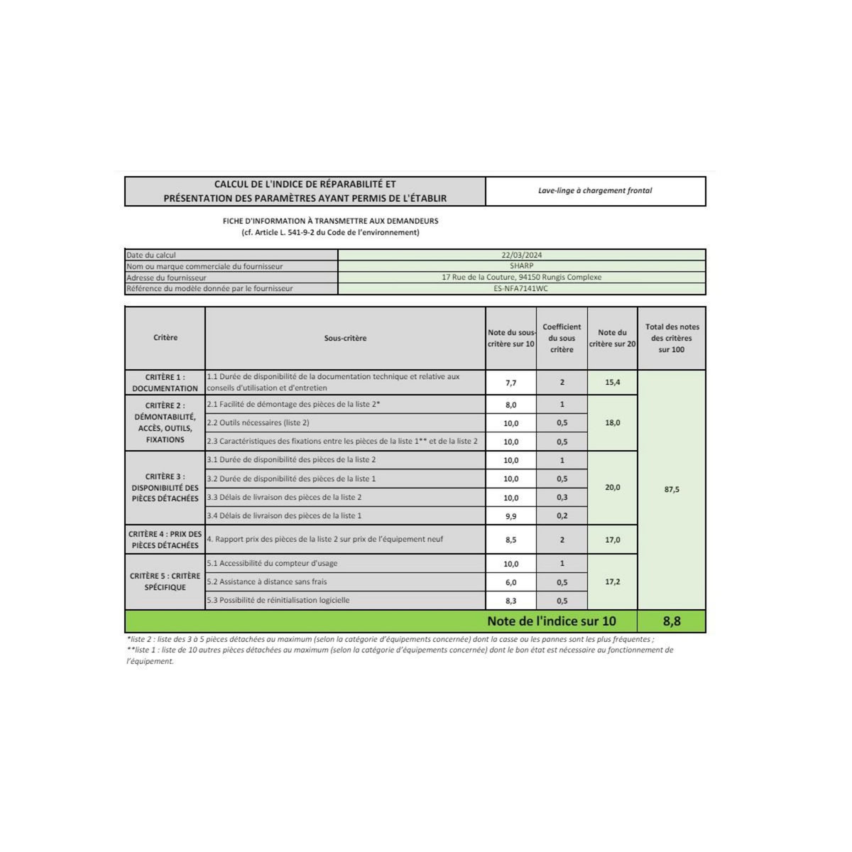 Sharp Lave-linge frontal 7kg 1400 tours/min - ESNFA7141WC