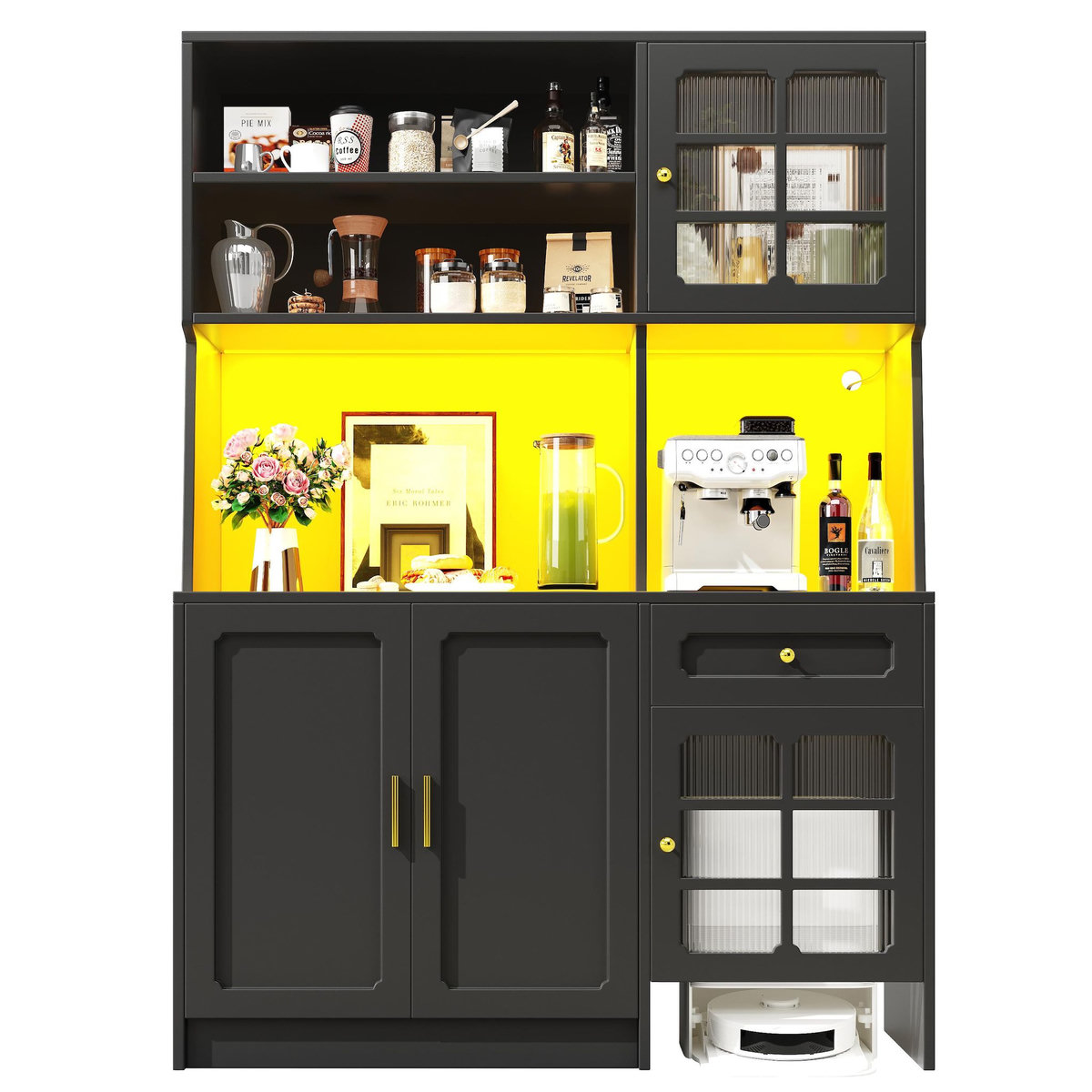 MERAX Buffet de cuisine 4 portes 1 tiroir - 130 cm noir led mdf