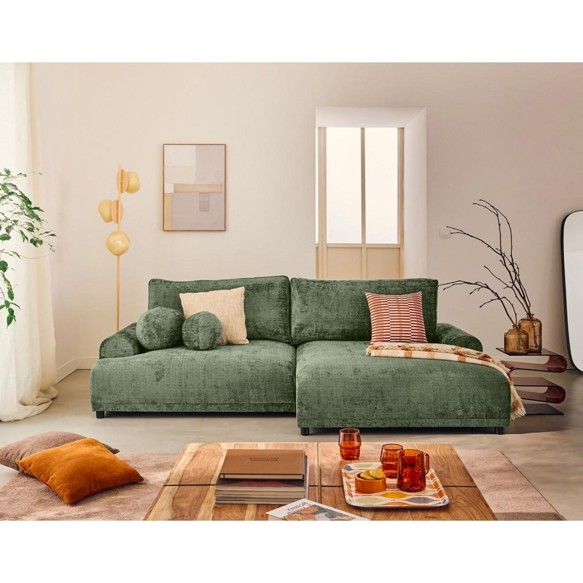 LISA DESIGN Nelly - canapé d'angle droit 4 places convertible avec coffre en velours texturé