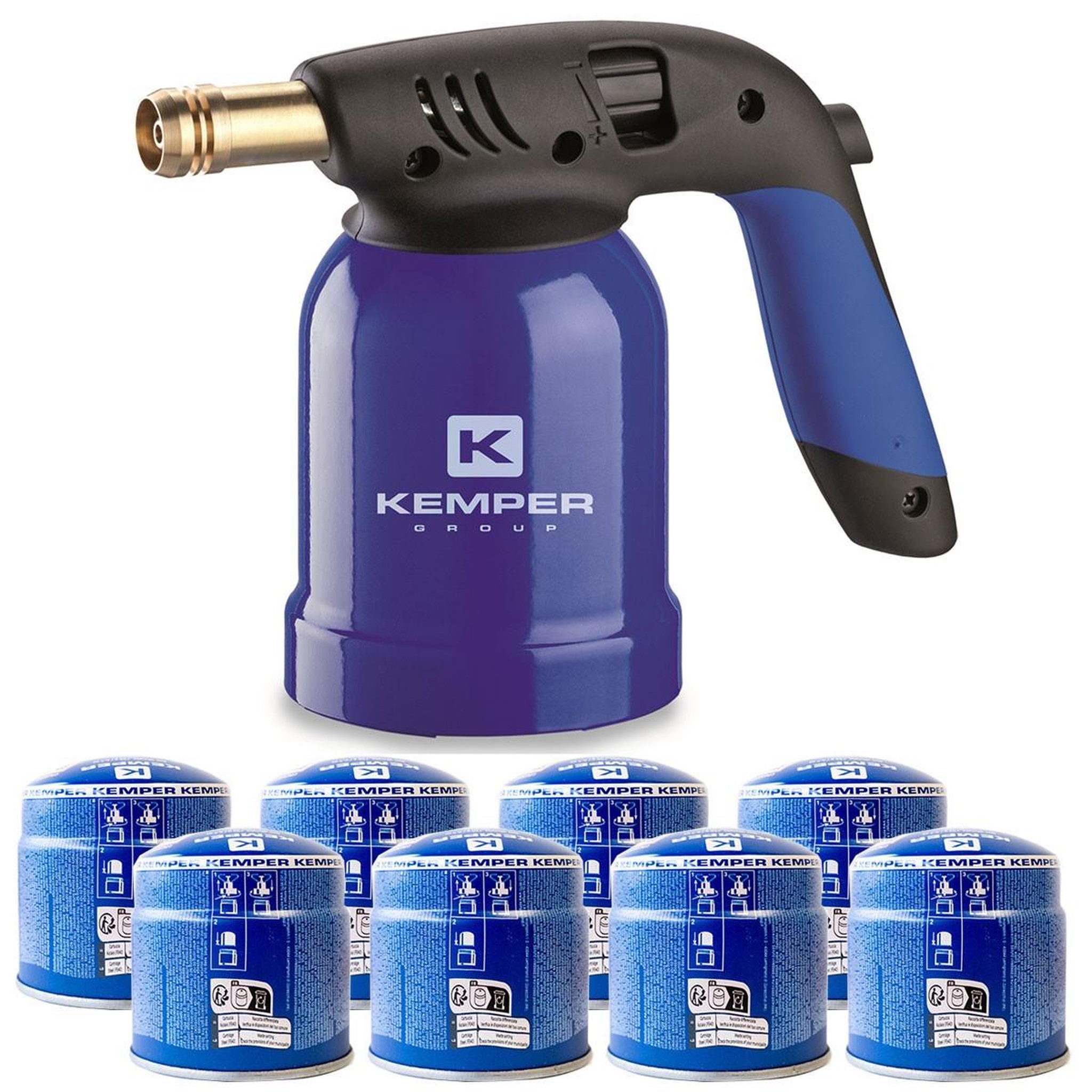 Kemper Lampe a souder coque acier allumage piezo + 8 cartouches de gaz 190gr stop gaz perçables kemper