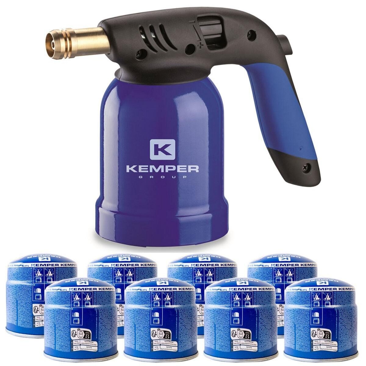 Kemper Lampe a souder Coque Acier allumage piezo + 8 Cartouches de gaz 190gr STOP GAZ Perçables KEMPER