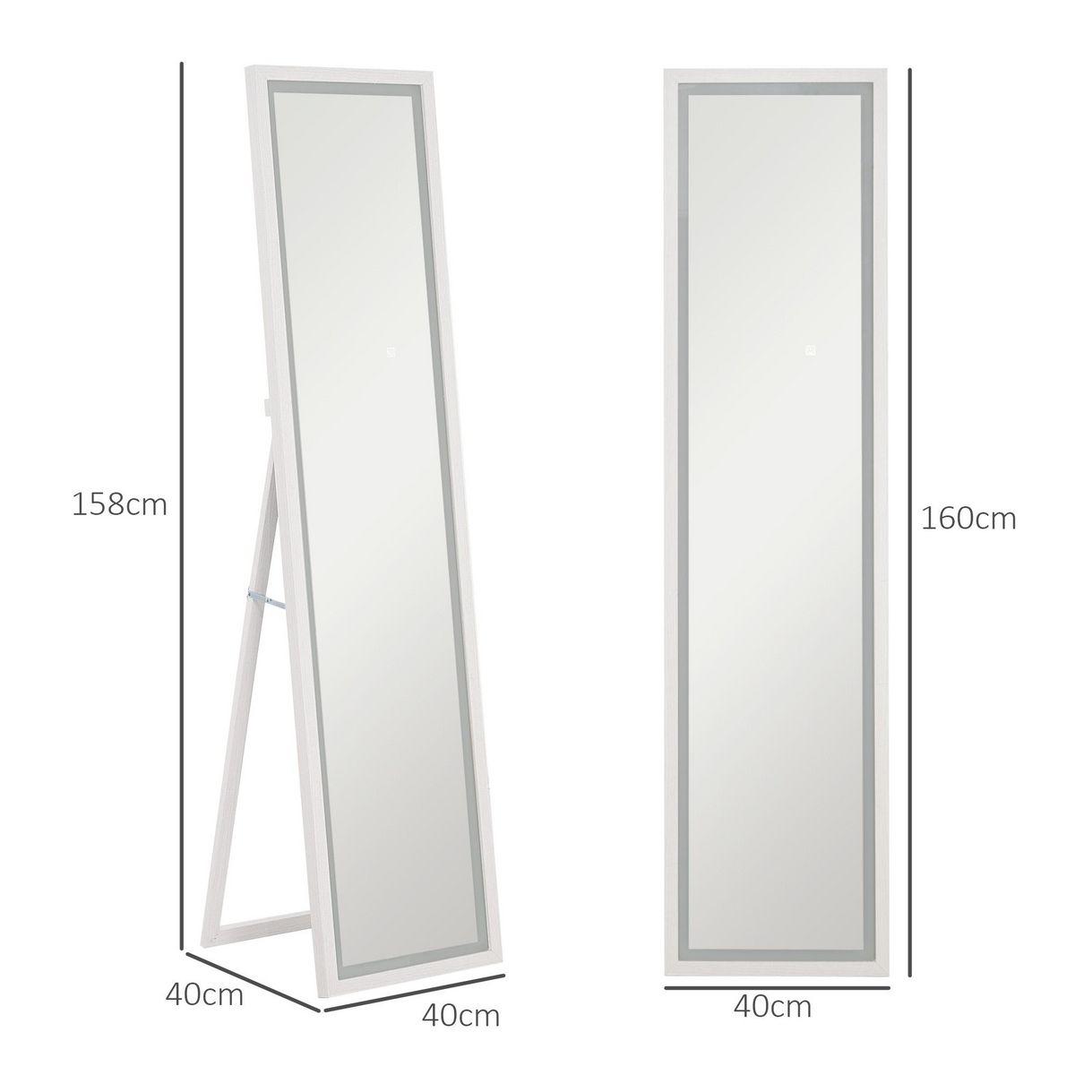 HOMCOM Grand miroir LED pleine longueur 40 x 160 cm autoportant ou à fixer - 3 couleurs luminosité réglable - effet bois blanc