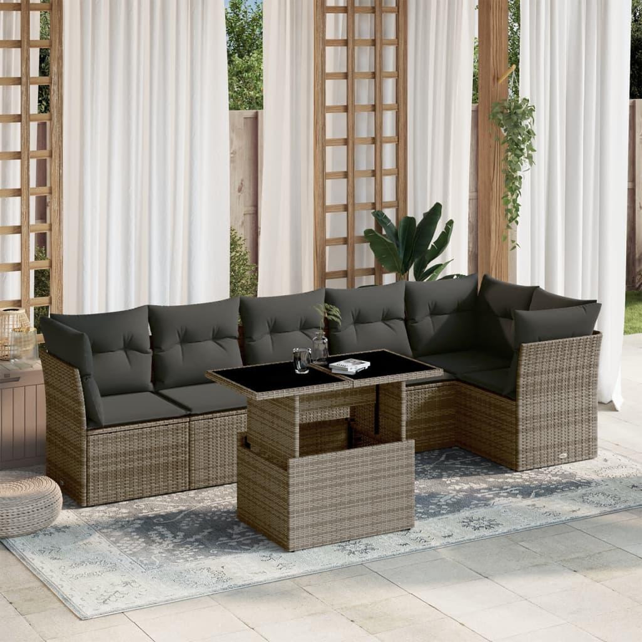 VIDAXL Salon de jardin avec coussins 7 pcs gris resine tressee