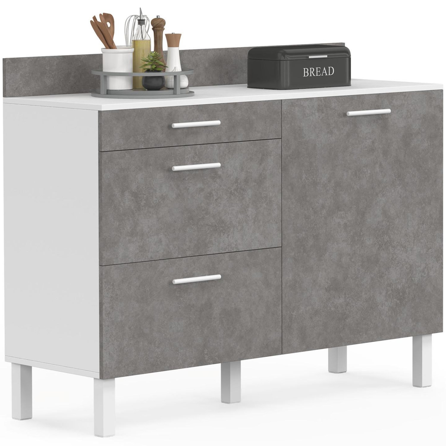 Id Market Buffet bas casserolier de cuisine 120 cm cina plan de travail h.83 cm 1 porte + 3 tiroirs blanc et effet béton