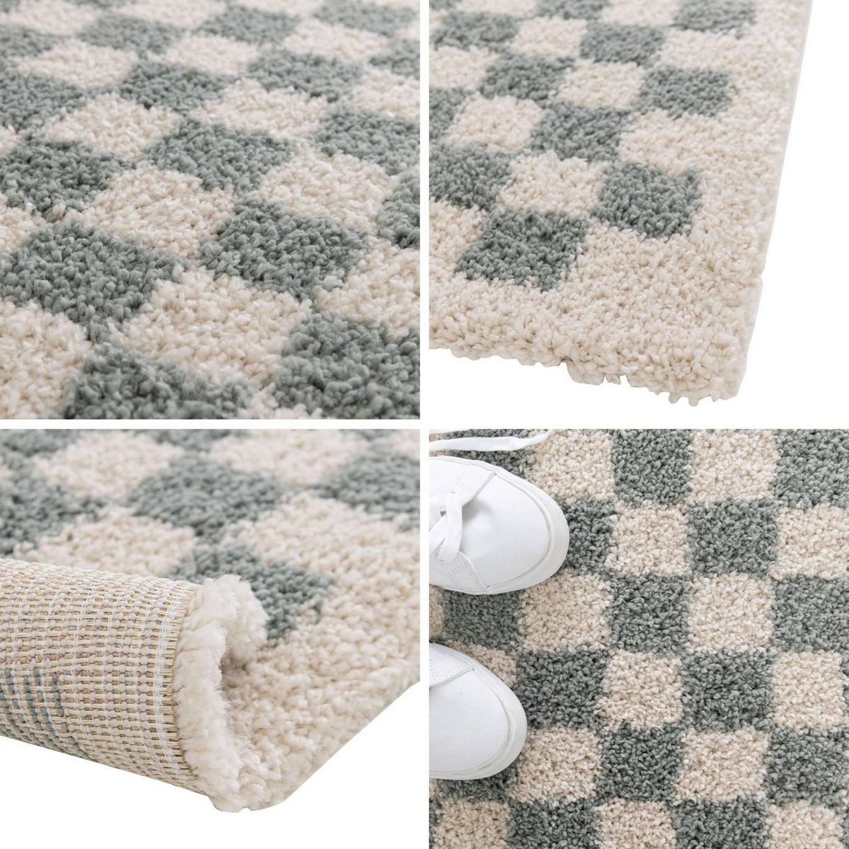 SWEEEK Tapis intérieur shaggy poils longs damier bleu clair et crème