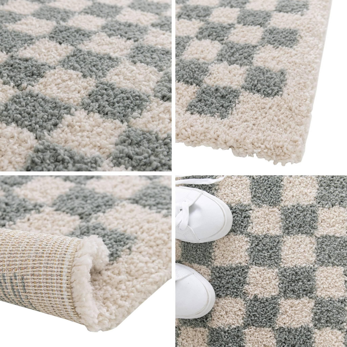 SWEEEK Tapis intérieur shaggy poils longs damier bleu clair et crème